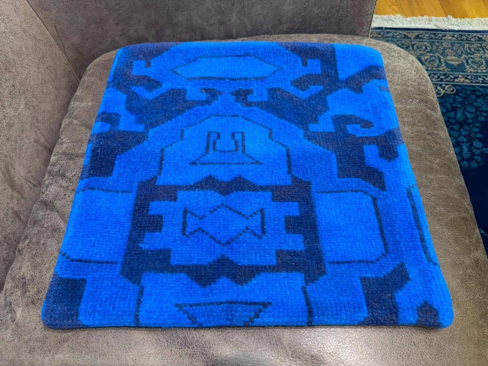 Vintage Turkish Rug Cushion, Handmade Electric Blue Geometric Wool Pillow