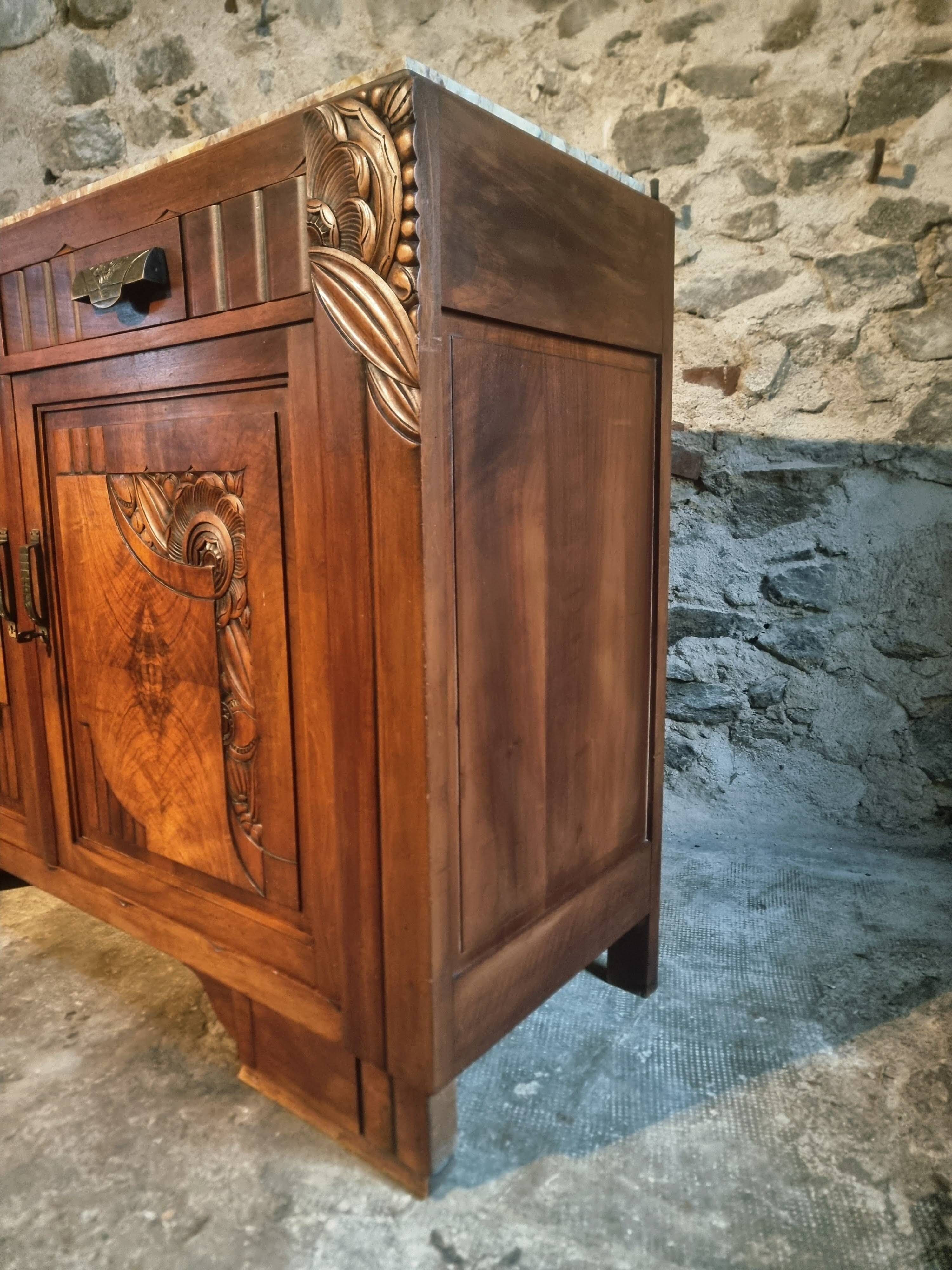 French Art Deco walnut sideboard with marble top (1930s)