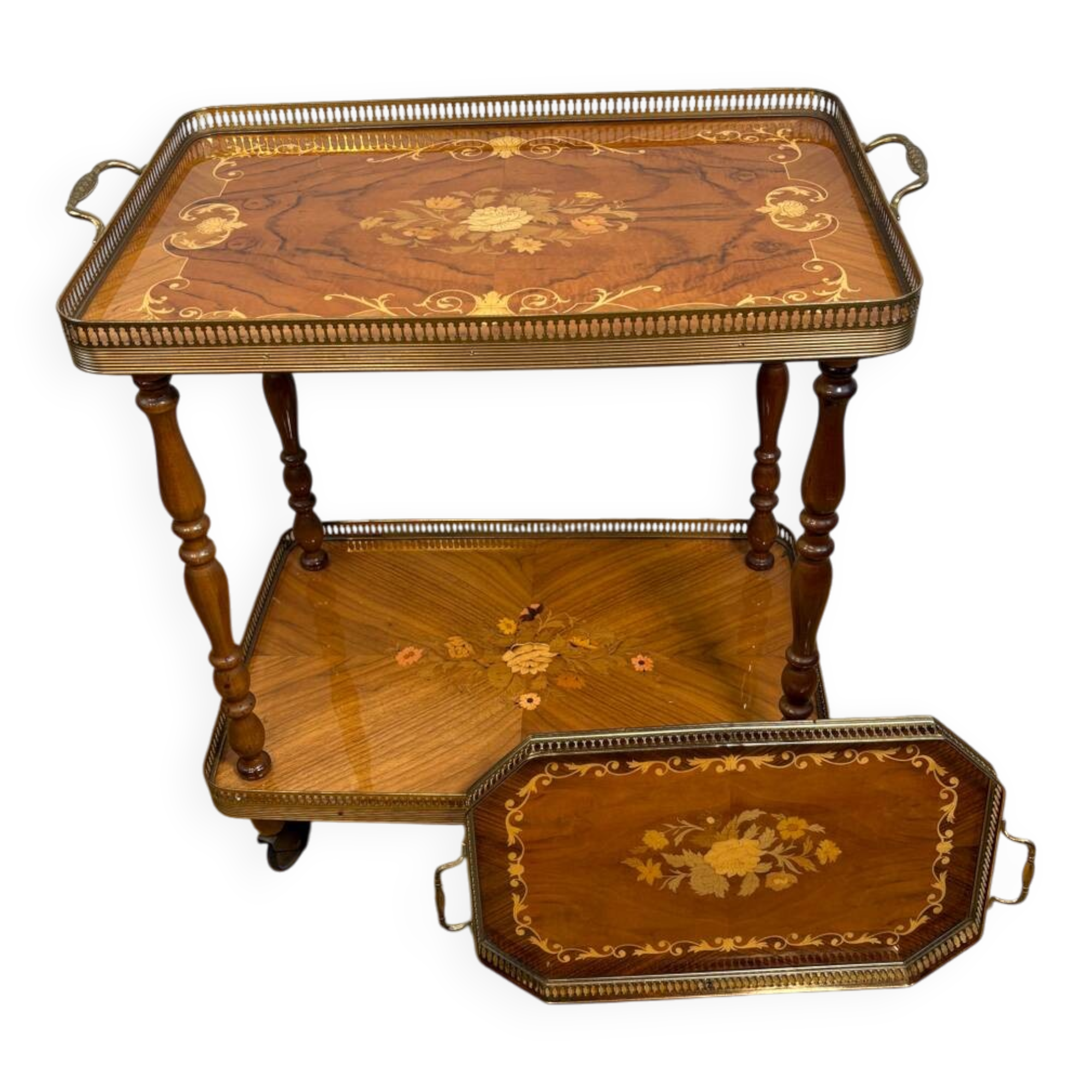 Vintage Italian Inlaid Wood Serving Trolley with Removable Tray Mid-20
