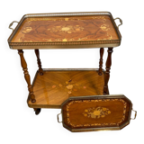Vintage Italian Inlaid Wood Serving Trolley with Removable Tray Mid-20
