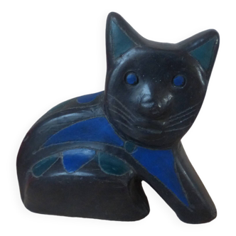 Mexican vintage black clay pottery cat sculpture figurine