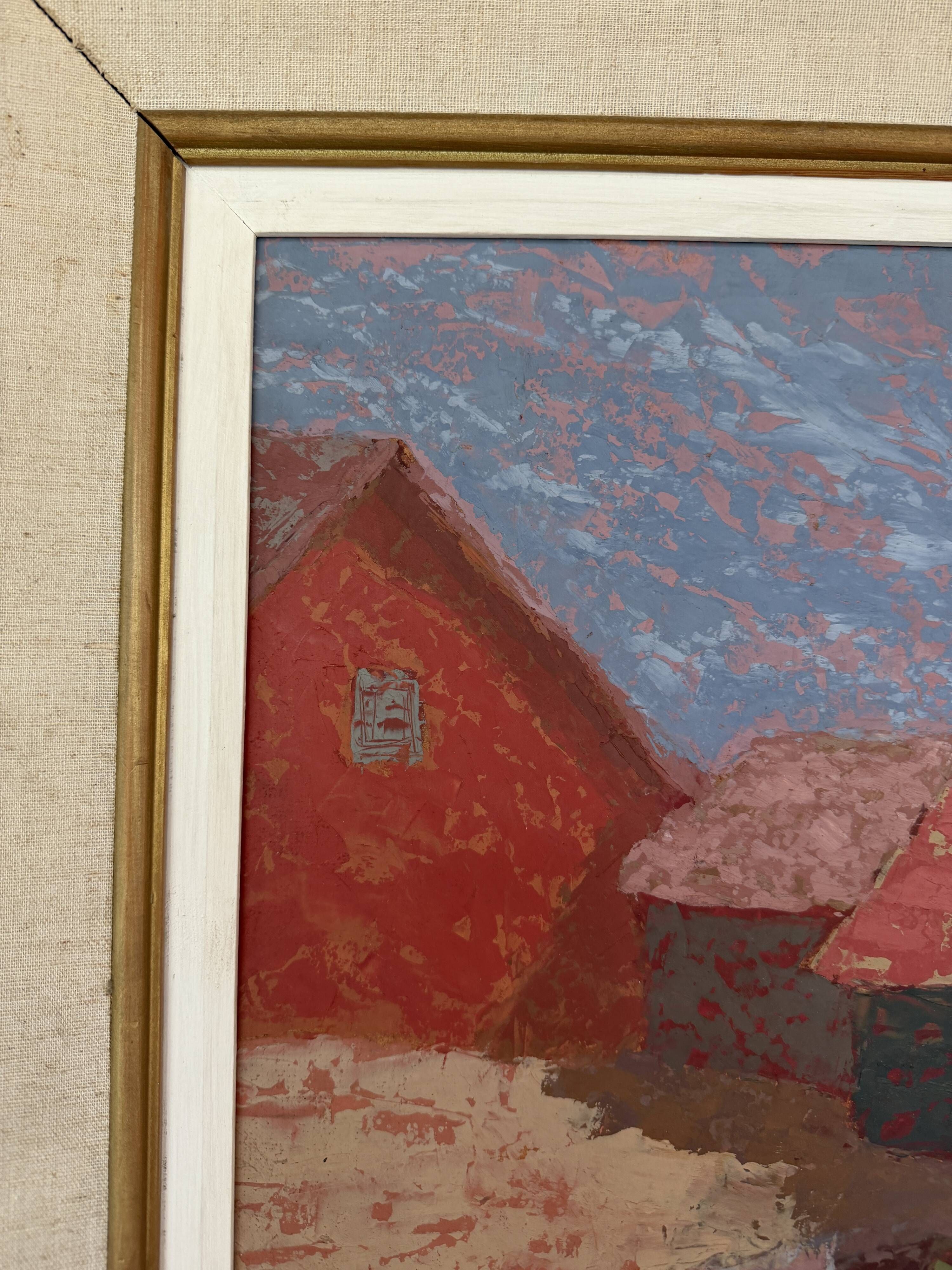 Vintage village landscape painting – Oil on canvas signed – 1960s-70s
