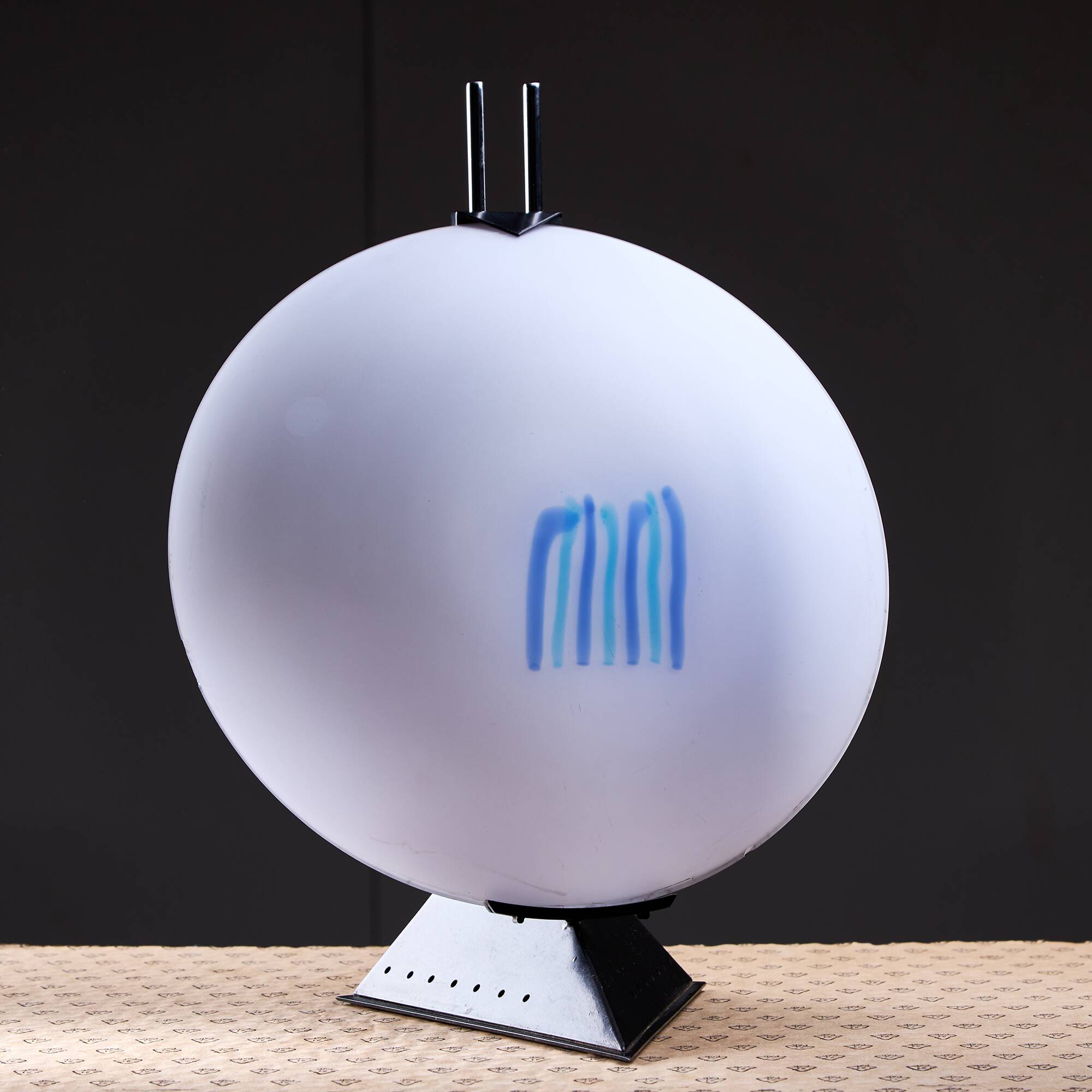 Postmodern Rhombus Shaped Table Lamp with Abstract Blue Stripes on Frosted Murano Glass