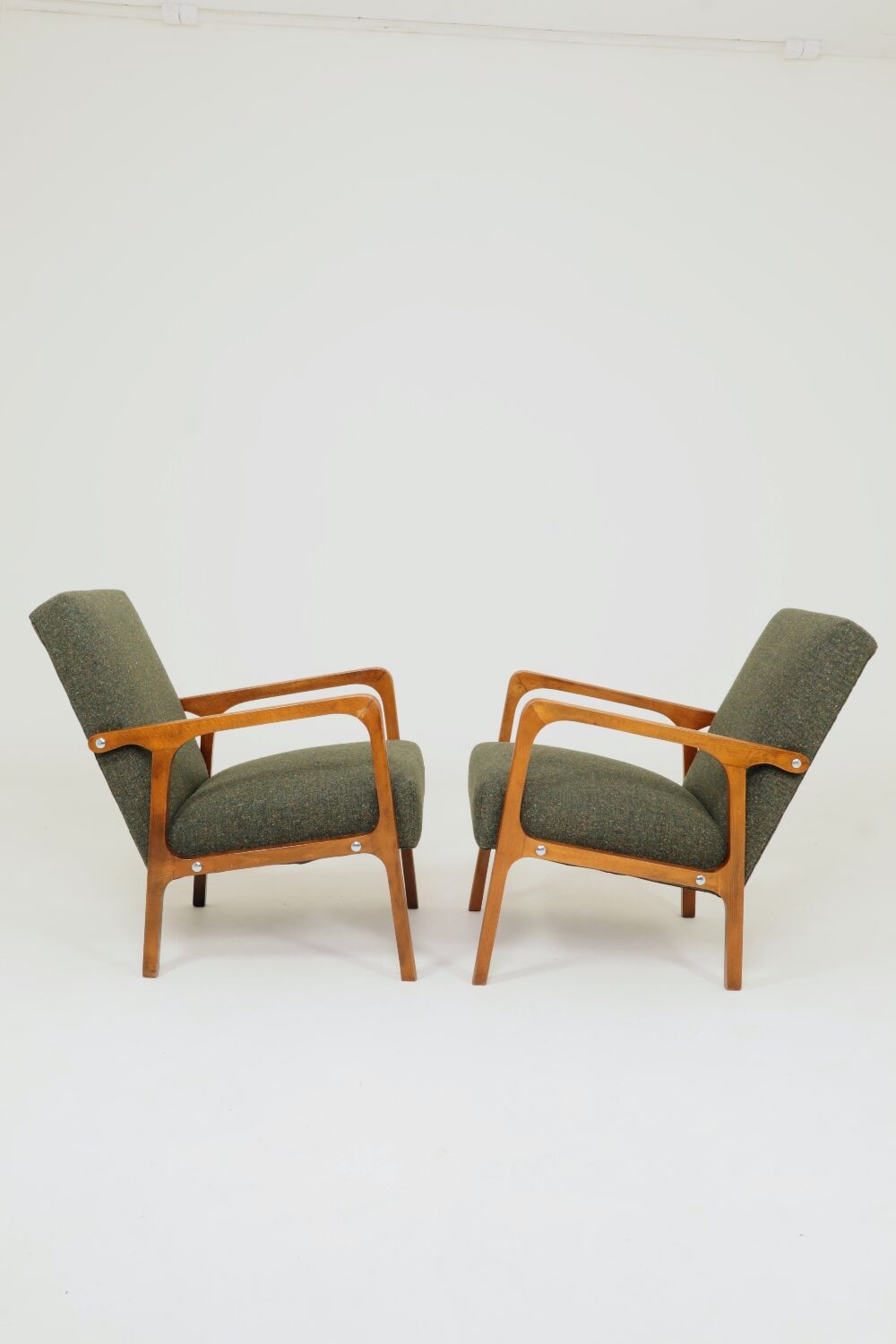 Vintage Pair Armchair Avocado Green Tweed Upholstery, 1960, Poland