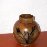 Vase à fleurs en grès * vase vintage en poterie marron avec motif floral bleu peint à la main * milieu du siècle