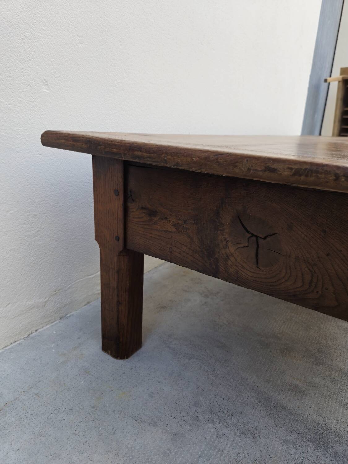 Rustic farmhouse coffee table with two drawers, solid oak, 19th century - 1.97m