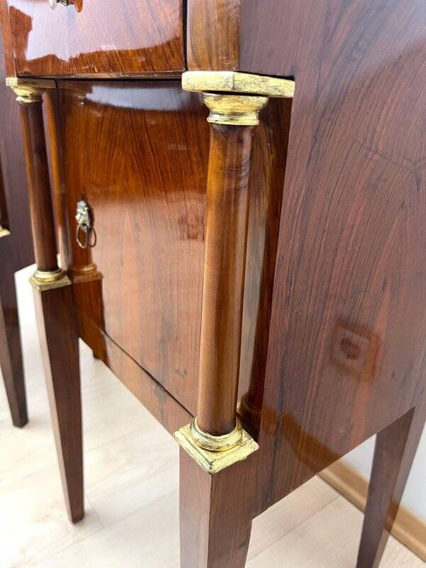 Empire Nightstands in Walnut with Full Columns in Gilt Brass, Italy, 1810, Set of 2