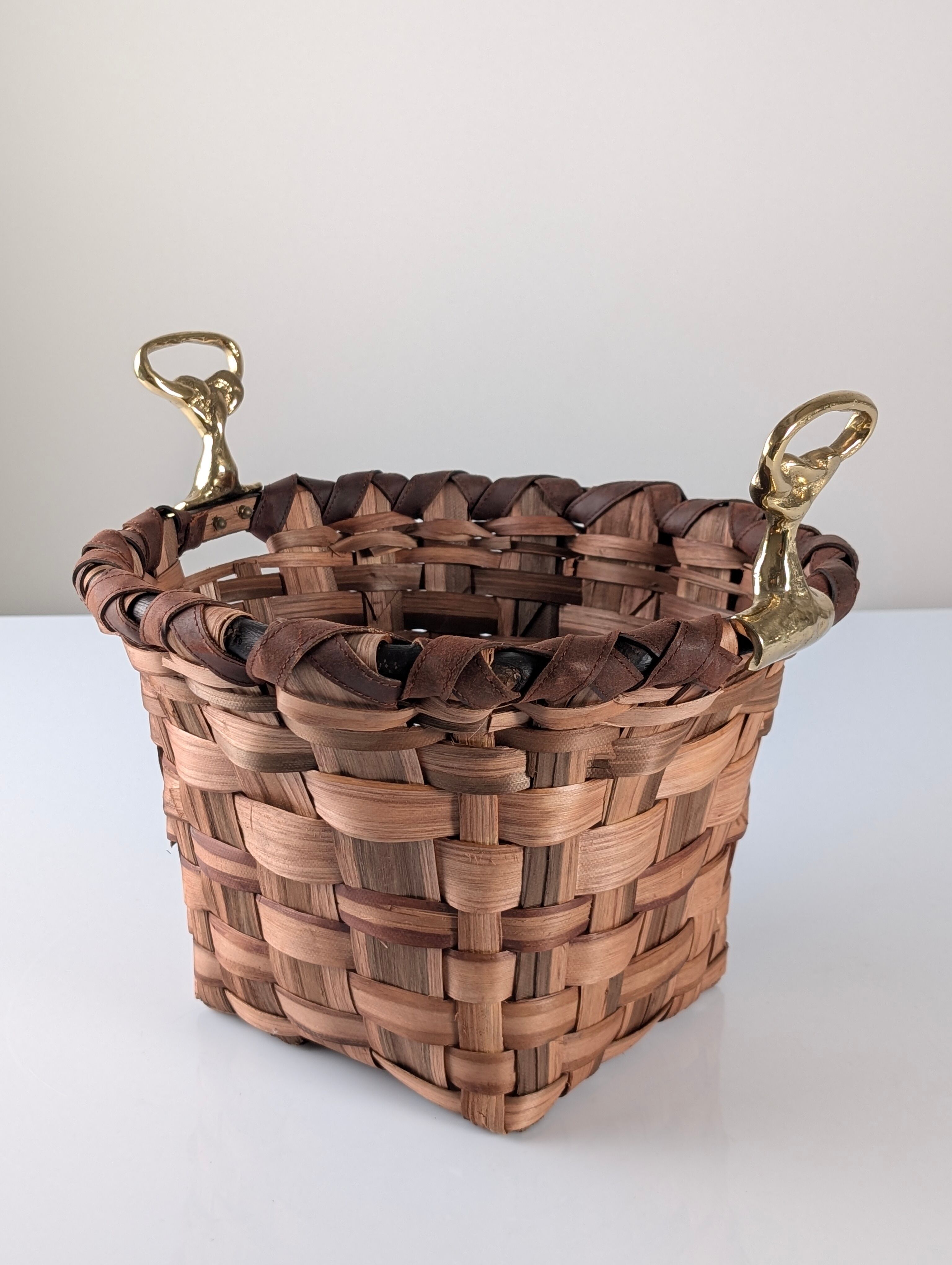 David Marshall brutalist splint wood and cast brass basket, 1970s