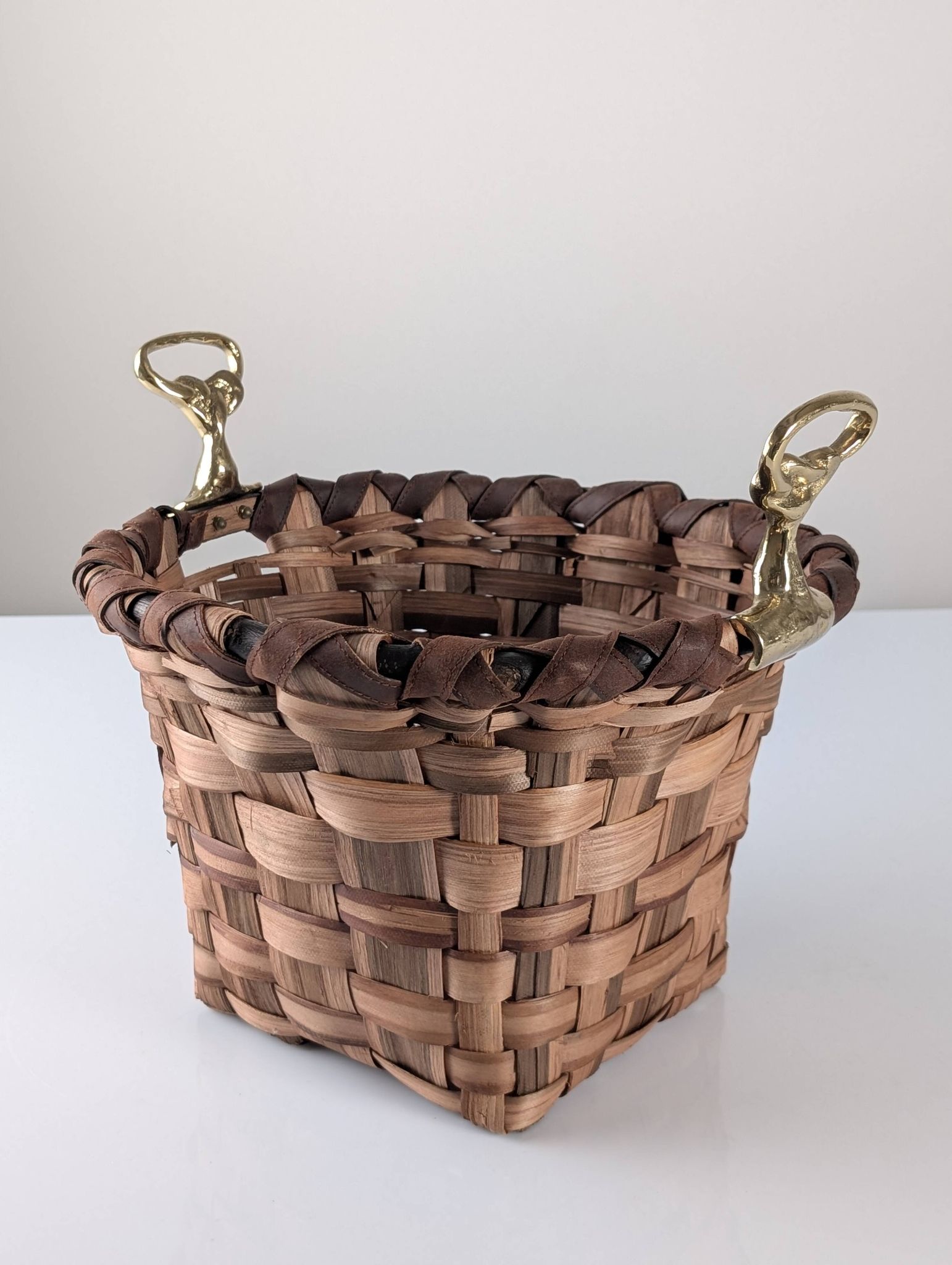 David Marshall brutalist splint wood and cast brass basket, 1970s