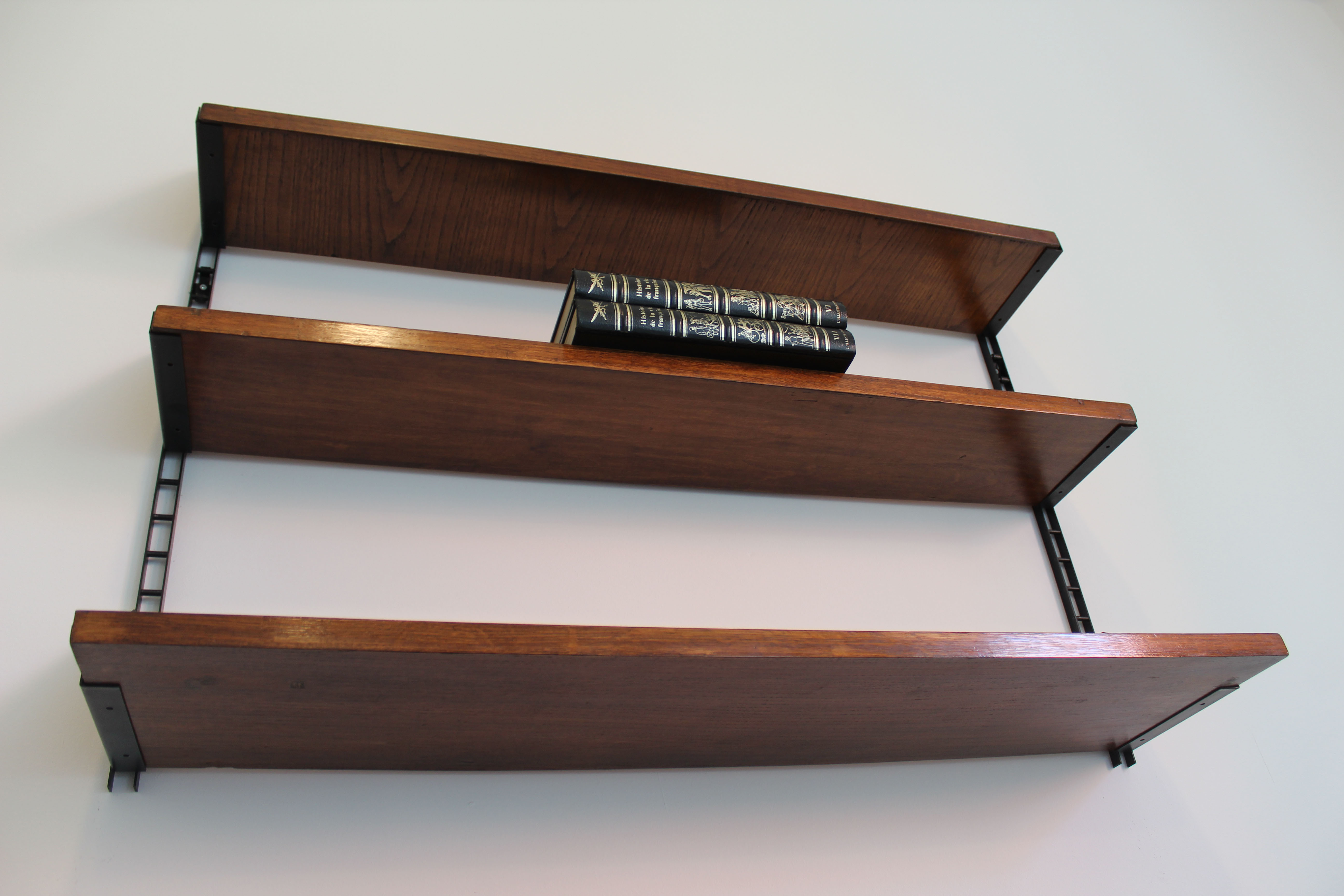 Shelves in rosewood and black lacquered metal from the 50s