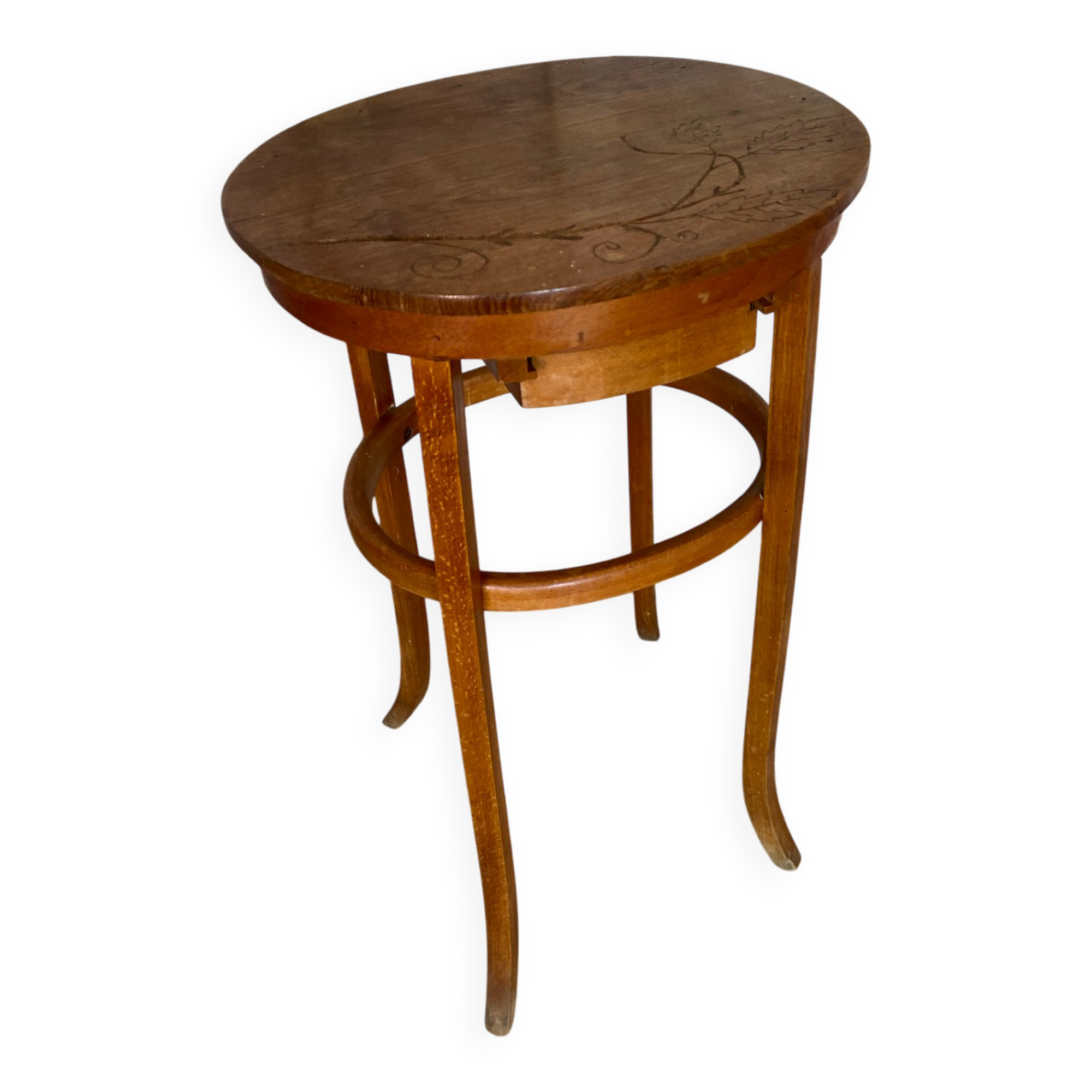 Antique Bedside Table Curved Wood THONET Style + Carved Drawer Wine