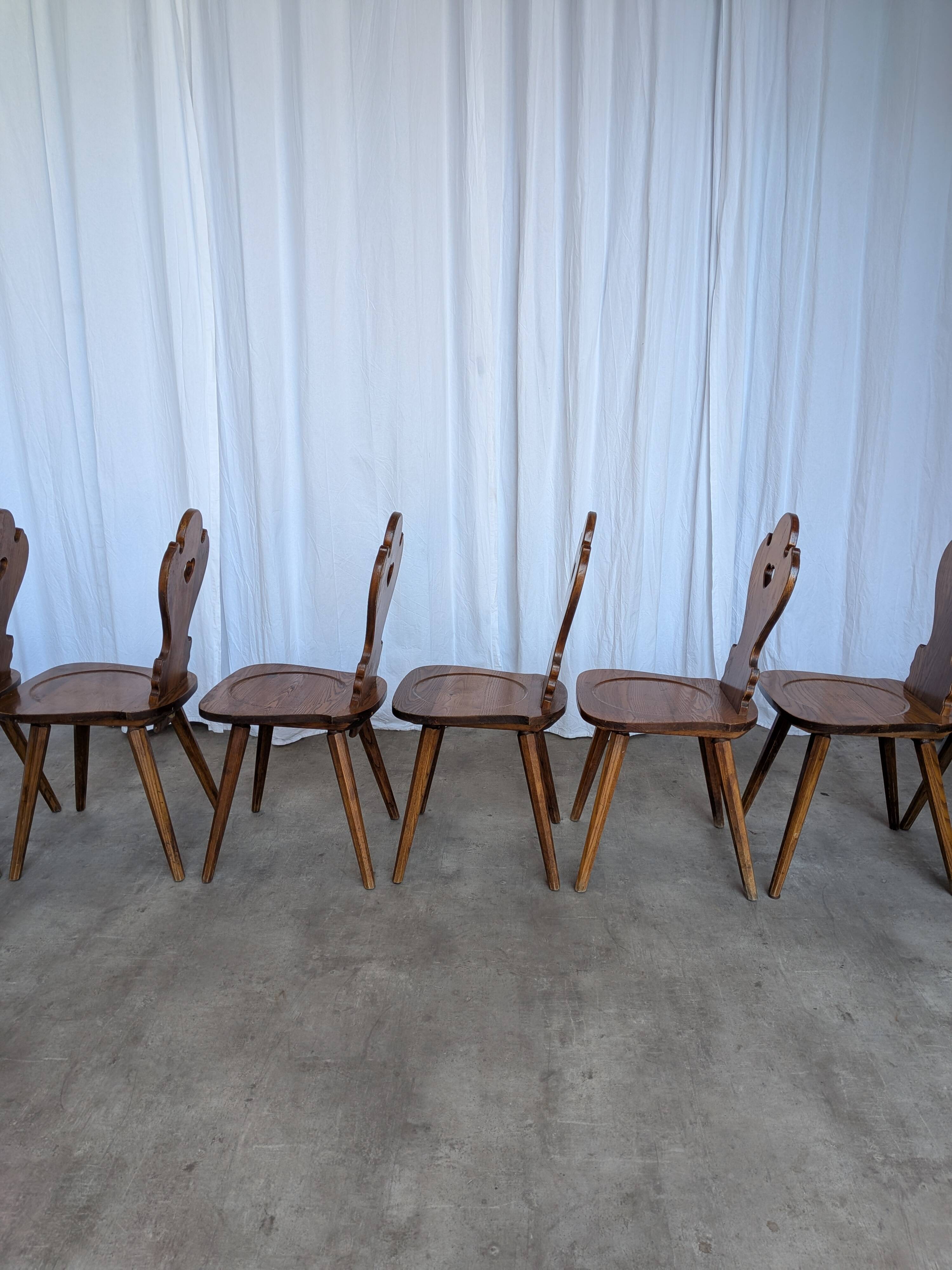 Set of 8 Farmhouse Tyrolean Chair with Heart Cutout Back / 1970s Vintage Di