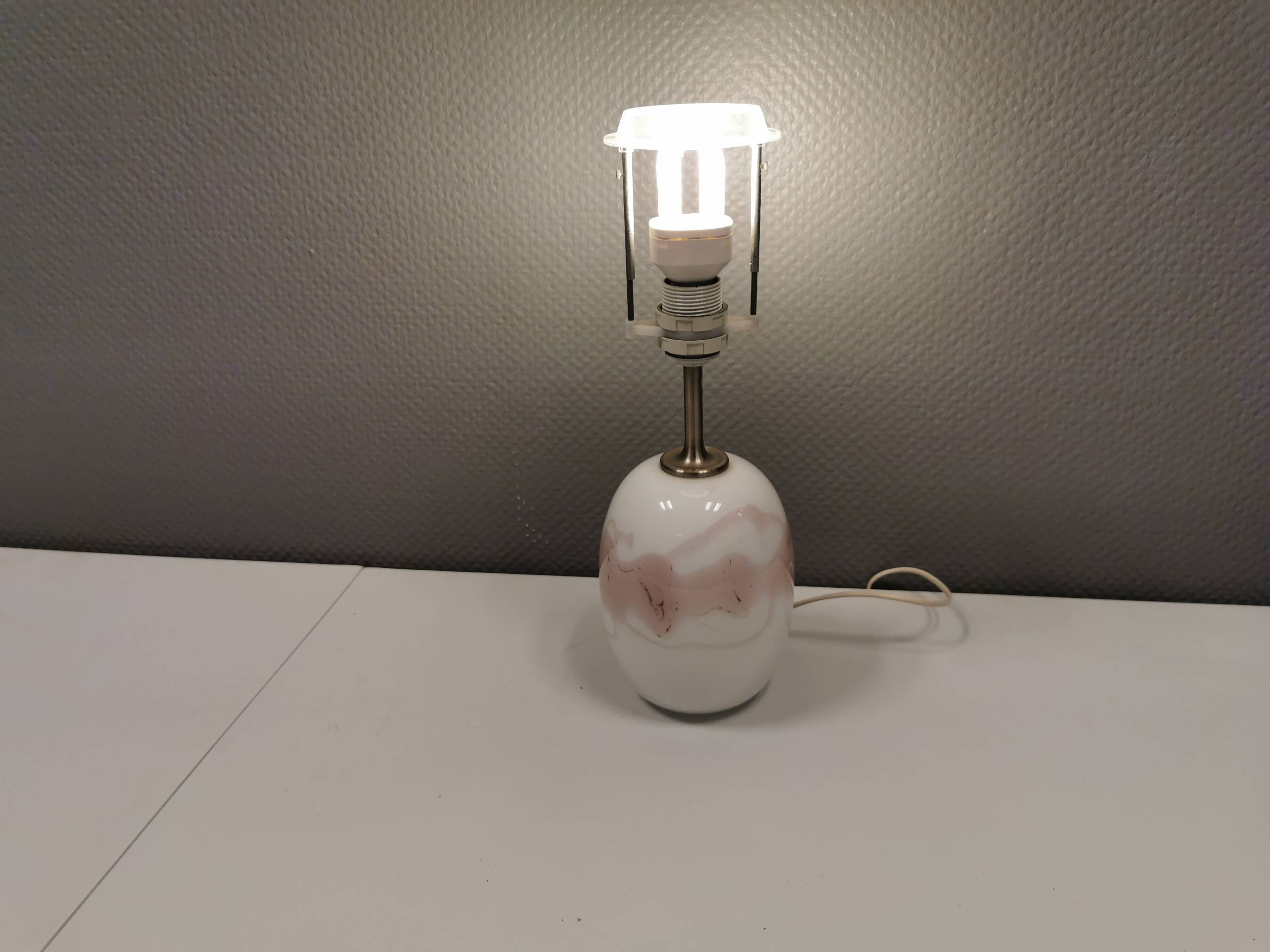 Table lamp in white and rose coloured glass designed by Michael Bang and manufactured by Holmegaard.