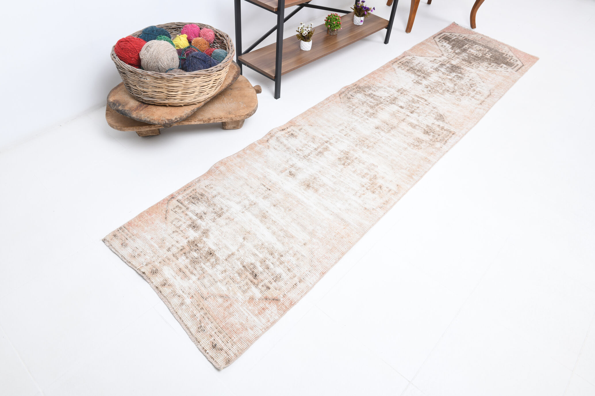Distressed wool vintage runner rug 312x76cm