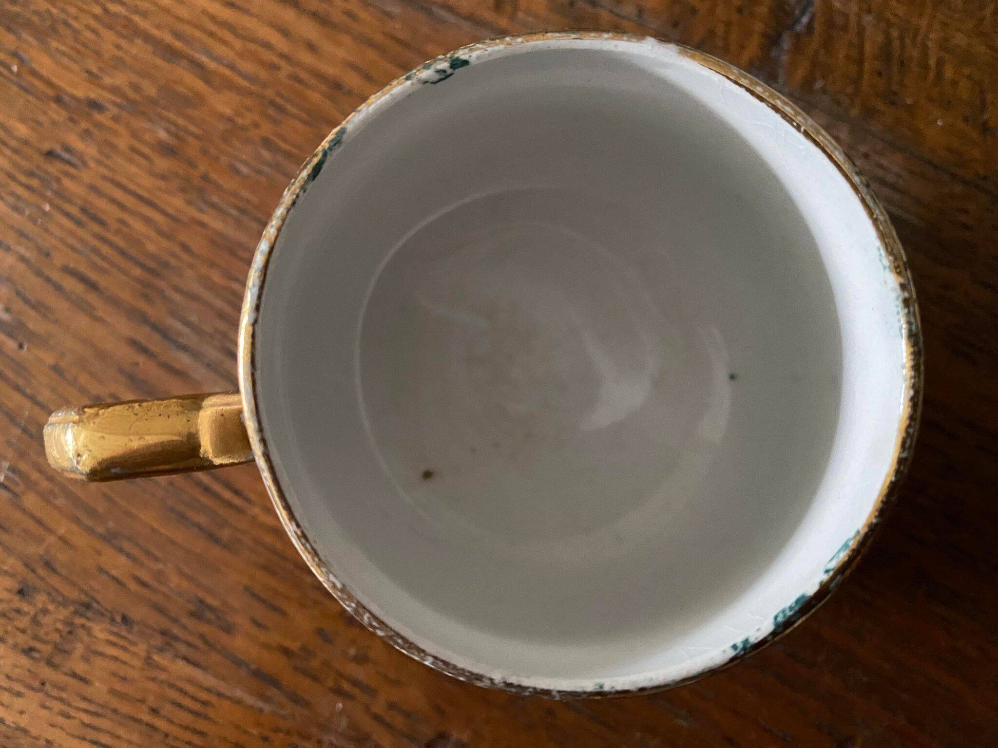 Creil et Montereau cup and saucer green and gold floral pattern