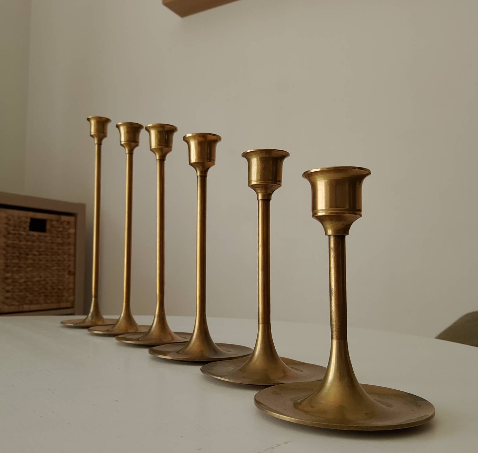 Set of 6 Scandinavian brass candle holders from the 1960s.