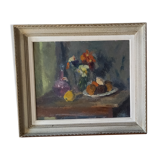 Old painting, oil on wood, still life with wine decanter, fruit cup and bouquet of flowers