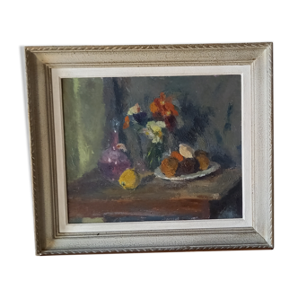 Old painting, oil on wood, still life with wine decanter, fruit cup and bouquet of flowers