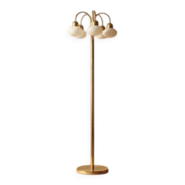 Vintage brass floor lamp with five opaline glass shades, mid-century, Czechoslovakia, 165 × 60 × 30 cm