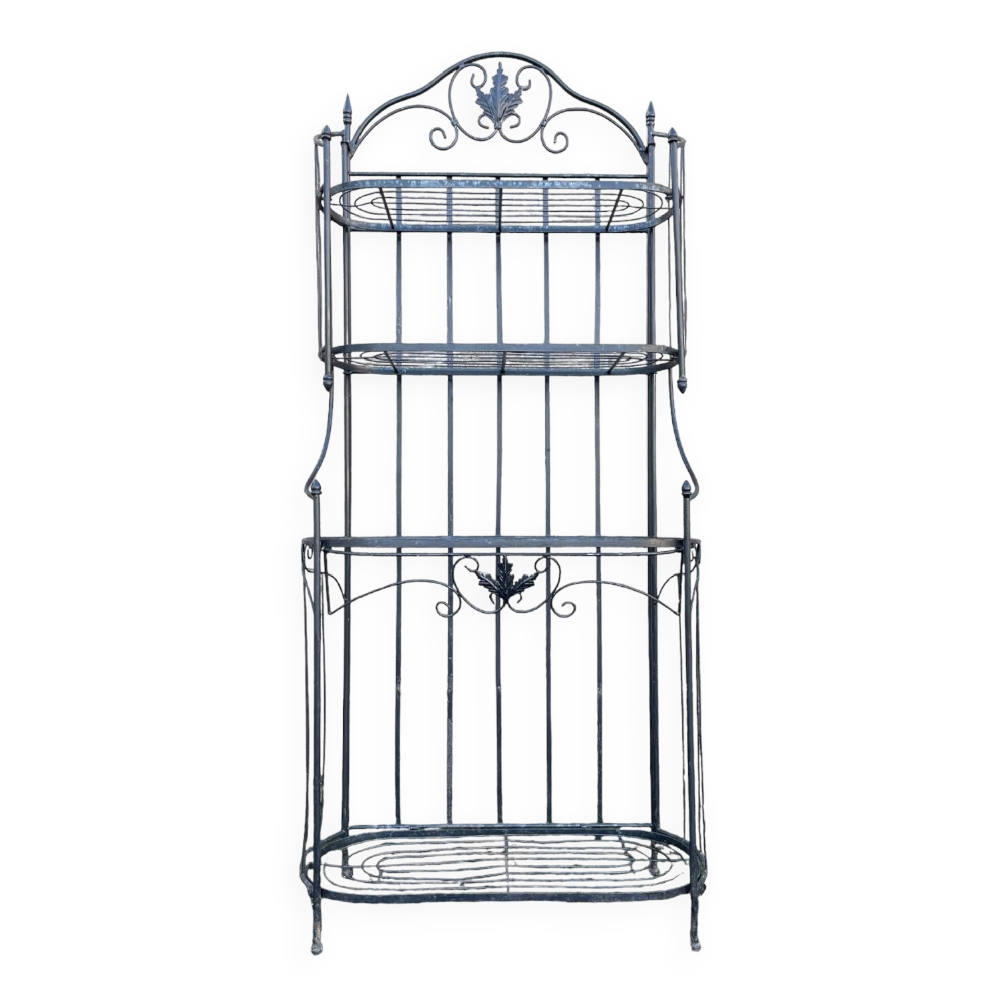 Old wrought iron garden shelf for plants