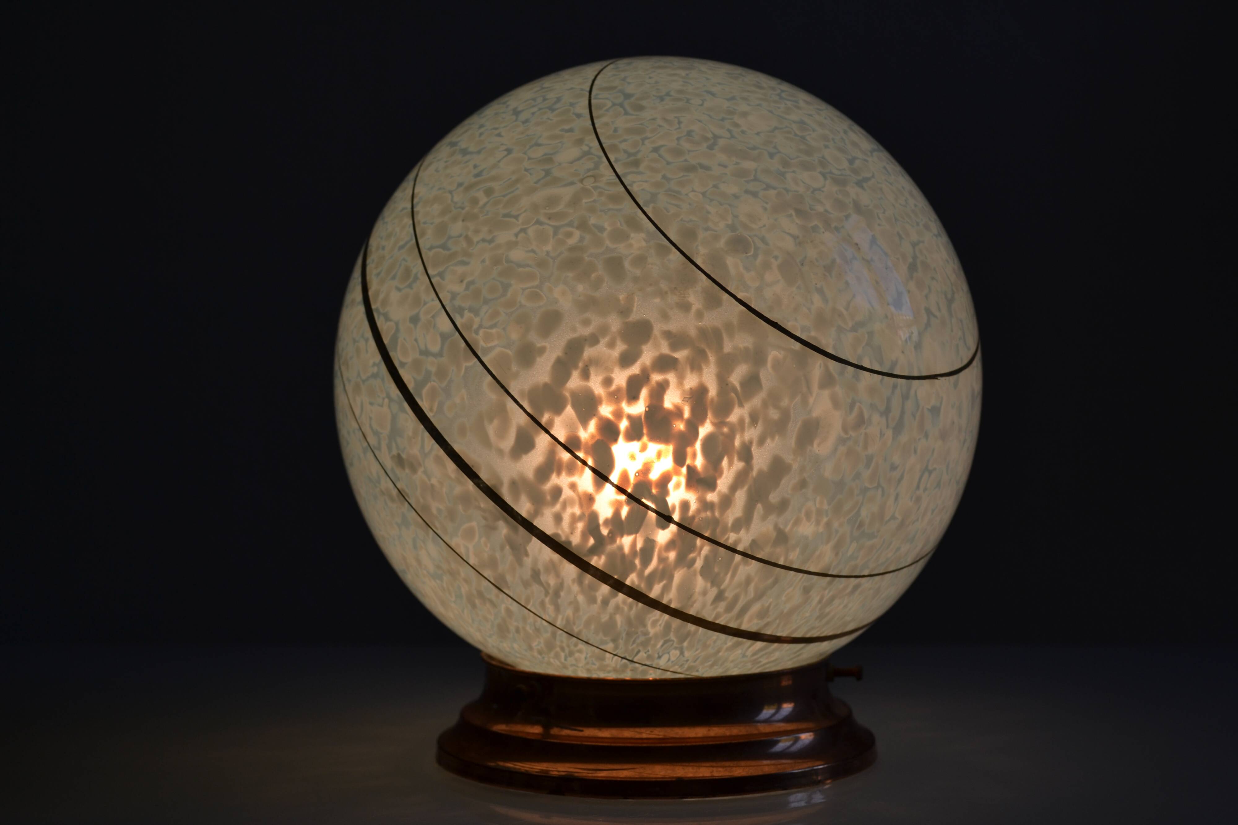 Art Deco table lamp with blue speckled opaline glass globe