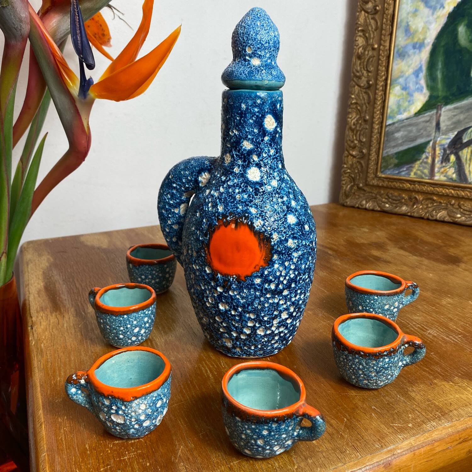 Liqueur service, ceramic, sea foam, Vallauris