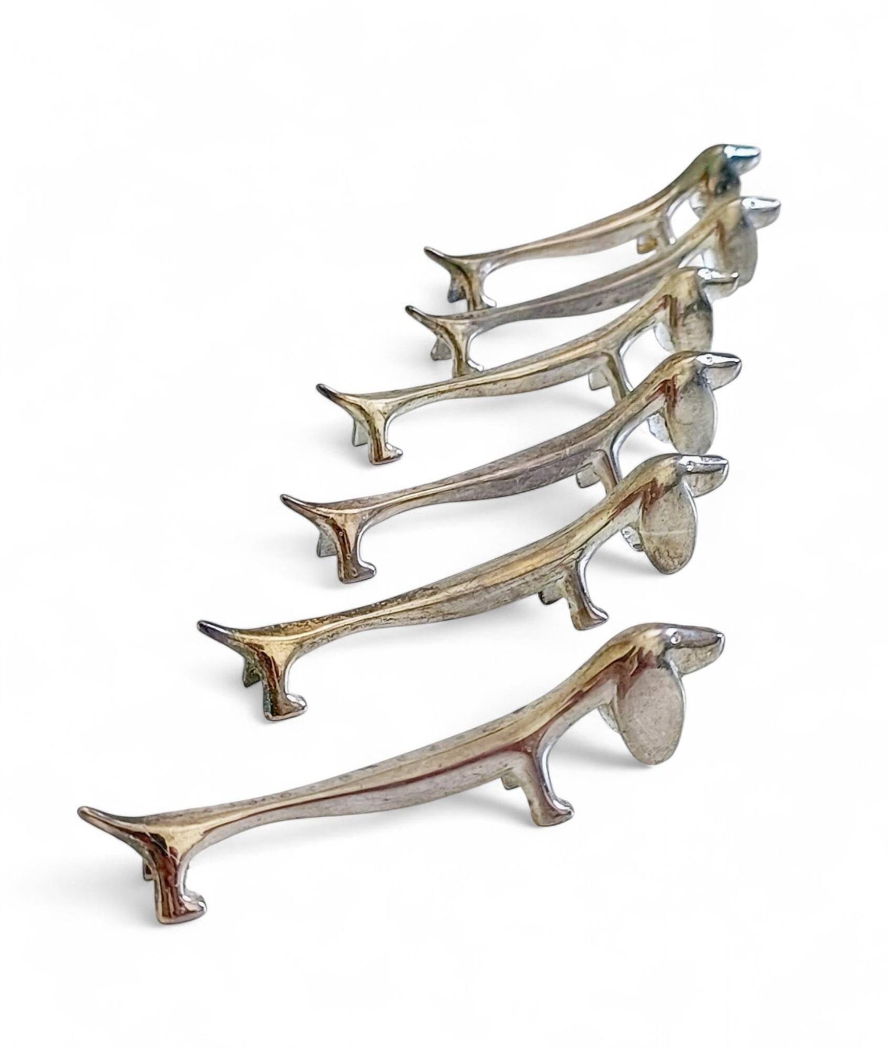 Vintage Knife Rests, Set of Six Silver Plated Dachshund Dogs, Italy, 20th-C