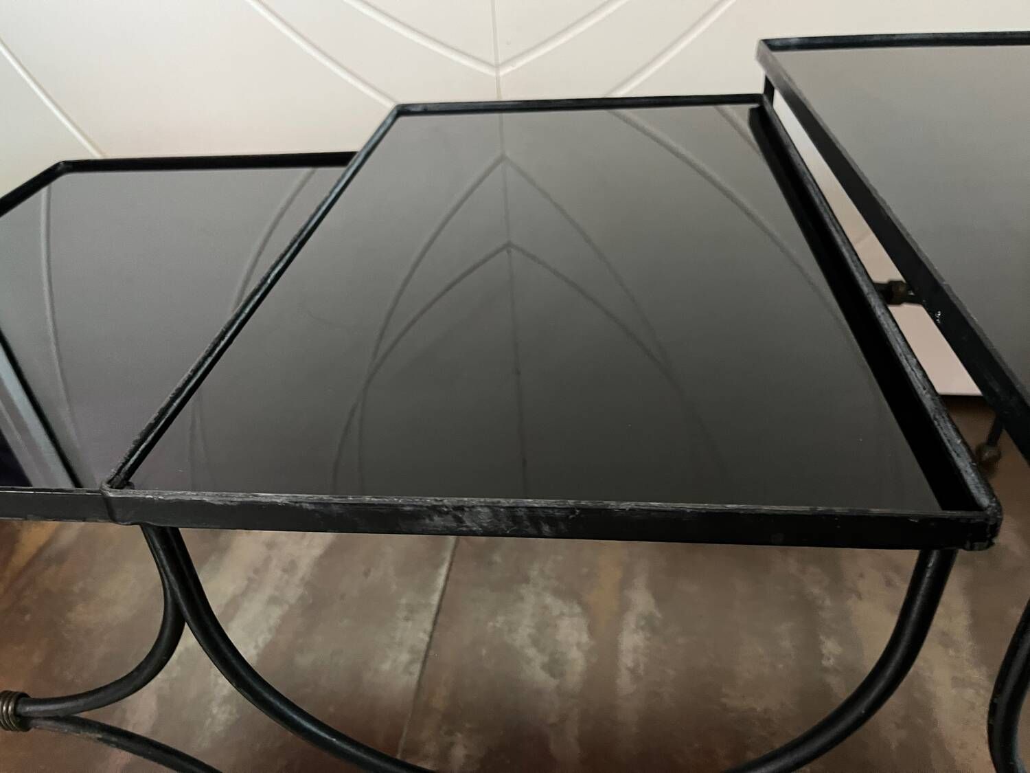 3 nesting tables 1950 Jean Royère wrought iron black opaline vintage