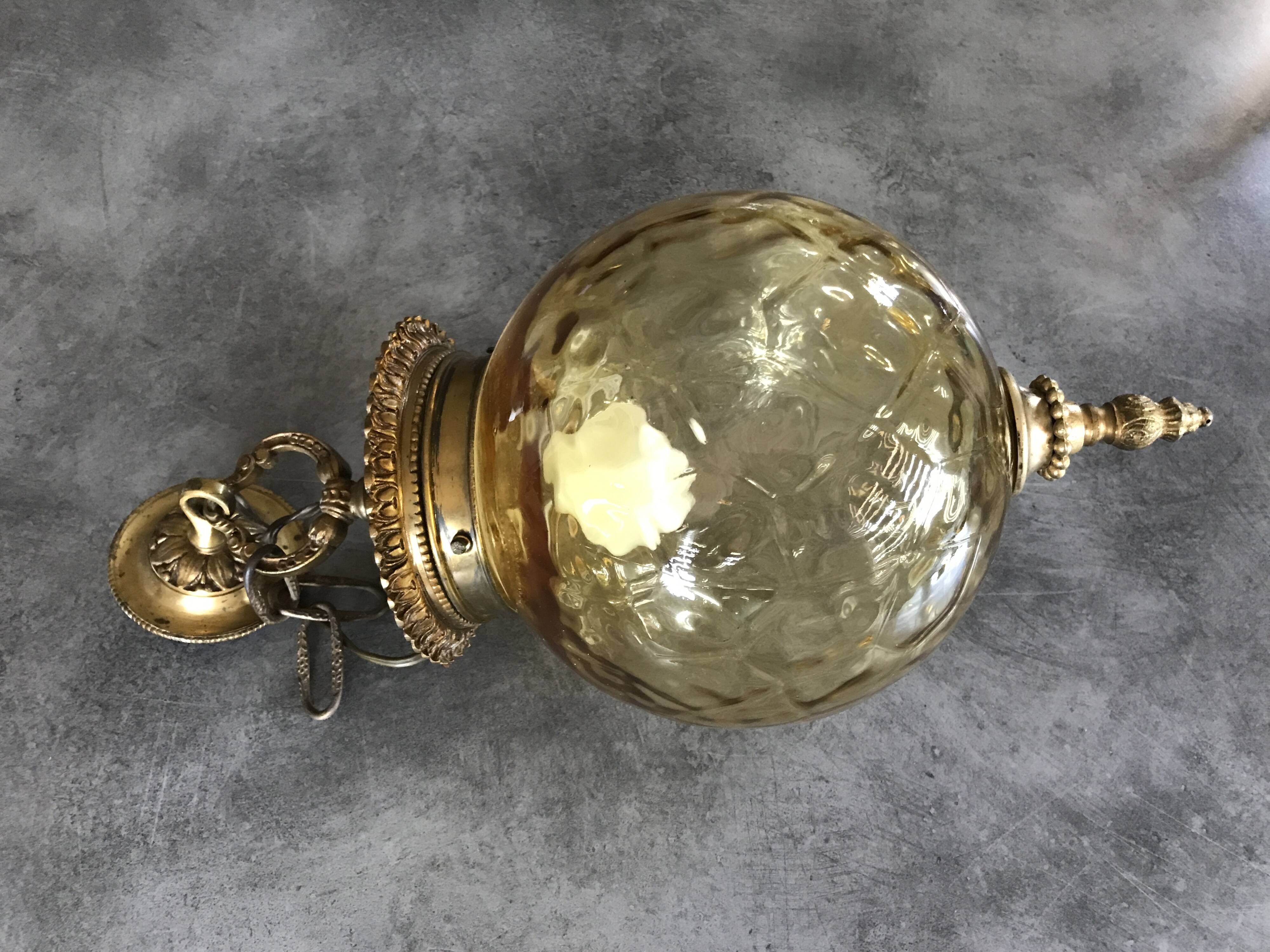 Chandelier vintage ceiling lantern in textured yellow glass and golden brass