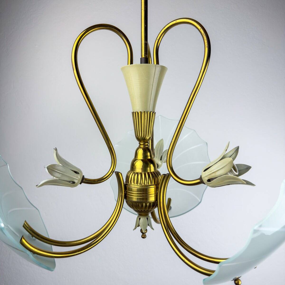 Antique brass and glass chandelier in the style of Pietro Chiesa for Fontana Arte, Italy, 1930s.