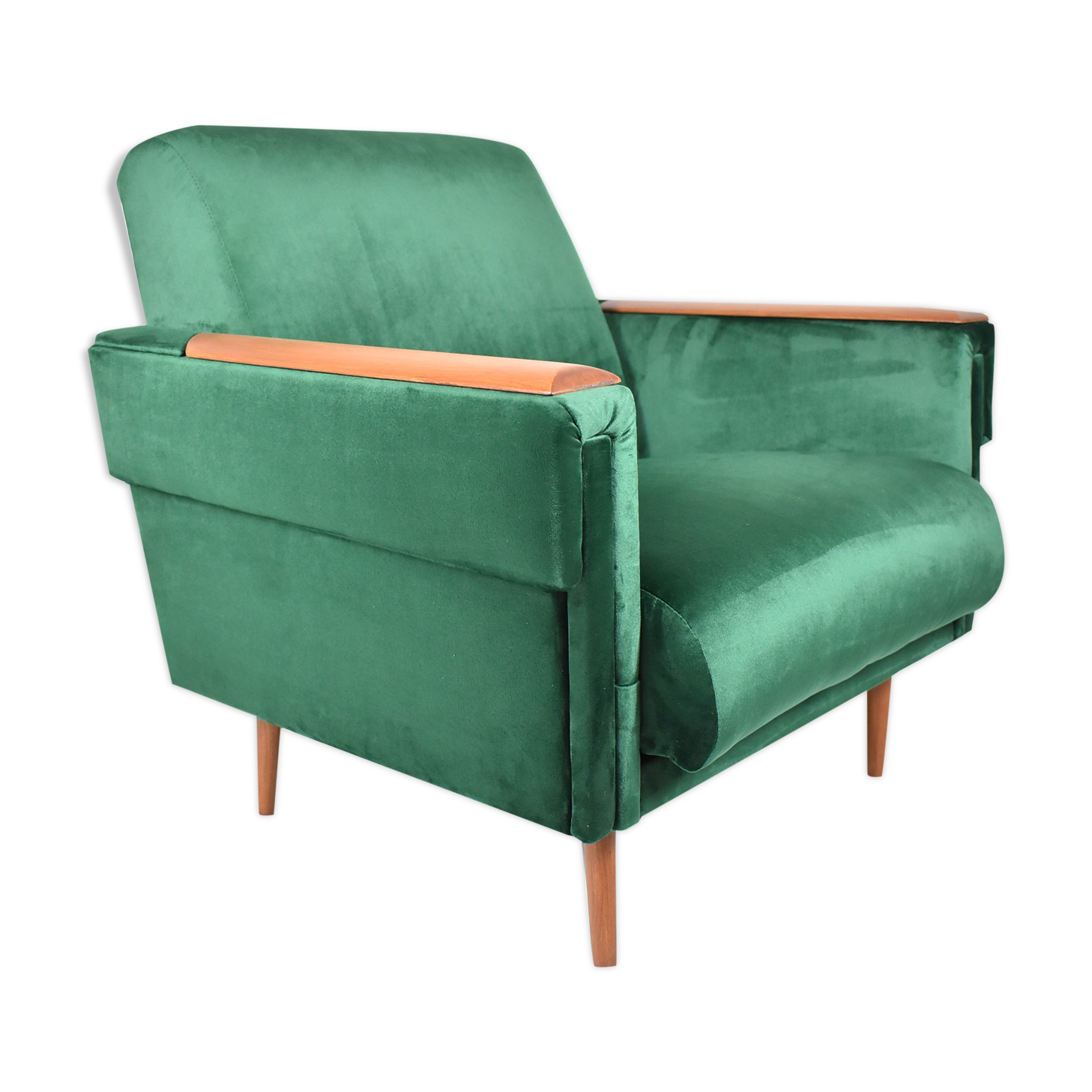Vintage velvet armchair, 1960s, restored, green bottle