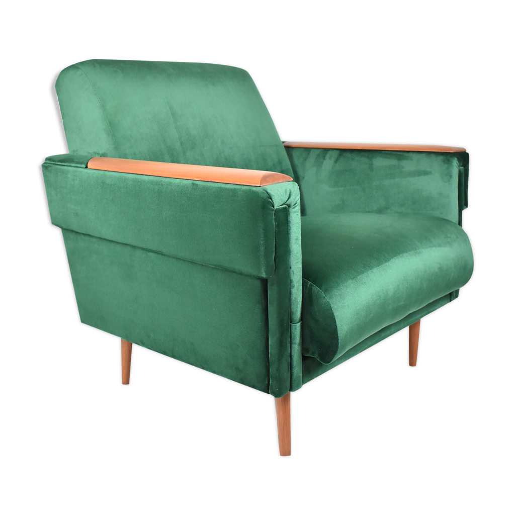 Vintage velvet armchair, 1960s, restored, green bottle Selency