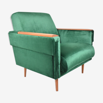 Vintage velvet armchair, 1960s, restored, green bottle