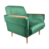 Vintage velvet armchair, 1960s, restored, green bottle