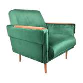 Vintage velvet armchair, 1960s, restored, green bottle
