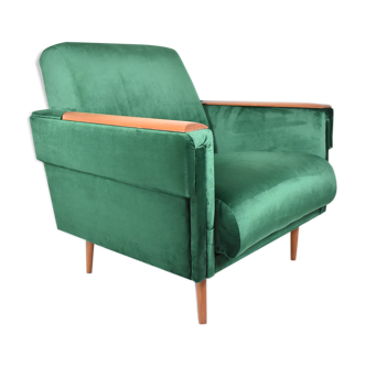 Vintage velvet armchair, 1960s, restored, green bottle