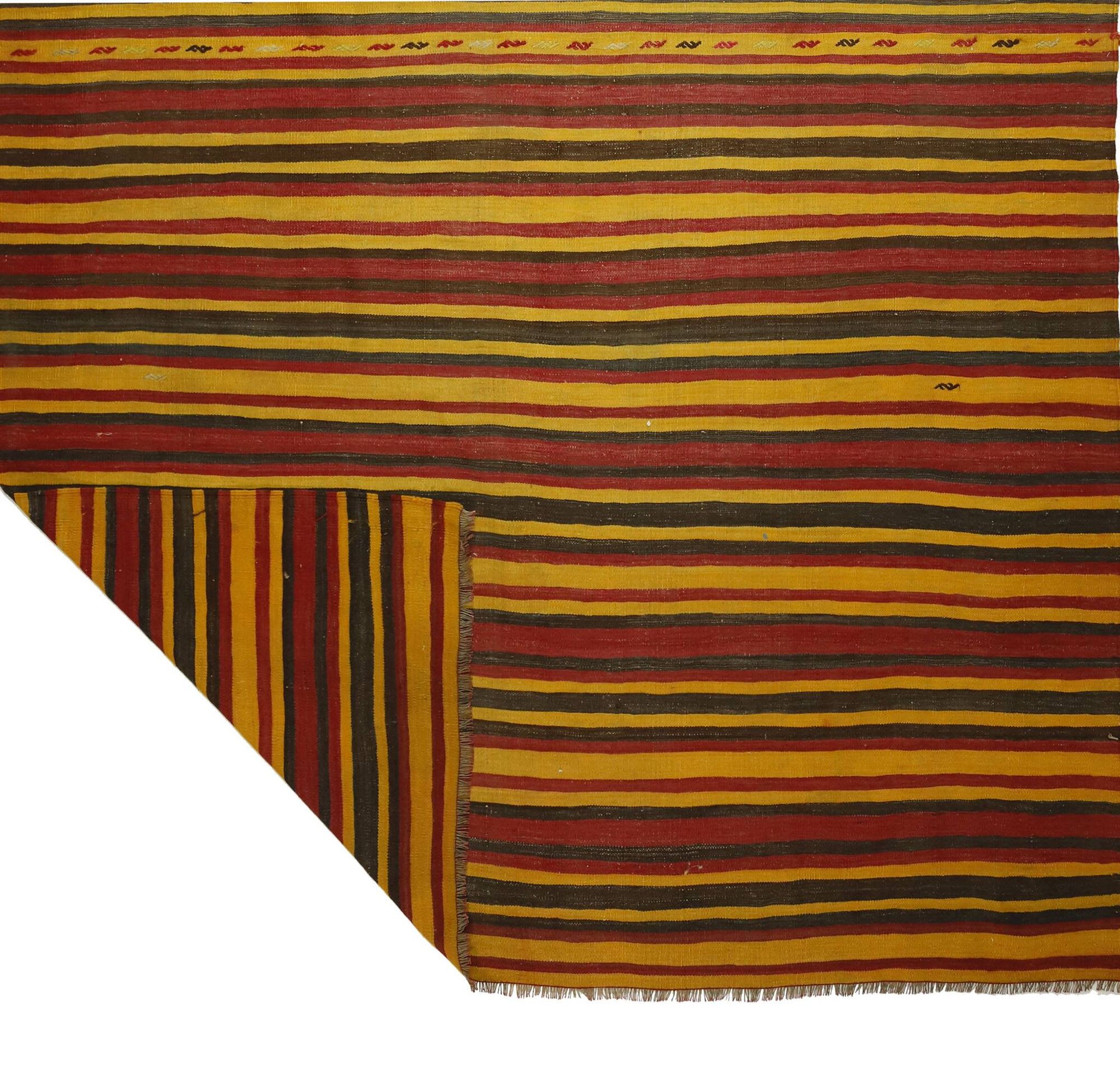 Grand Turkish Vintage Kilim Striped Red and Yellow 326 x 196 cm