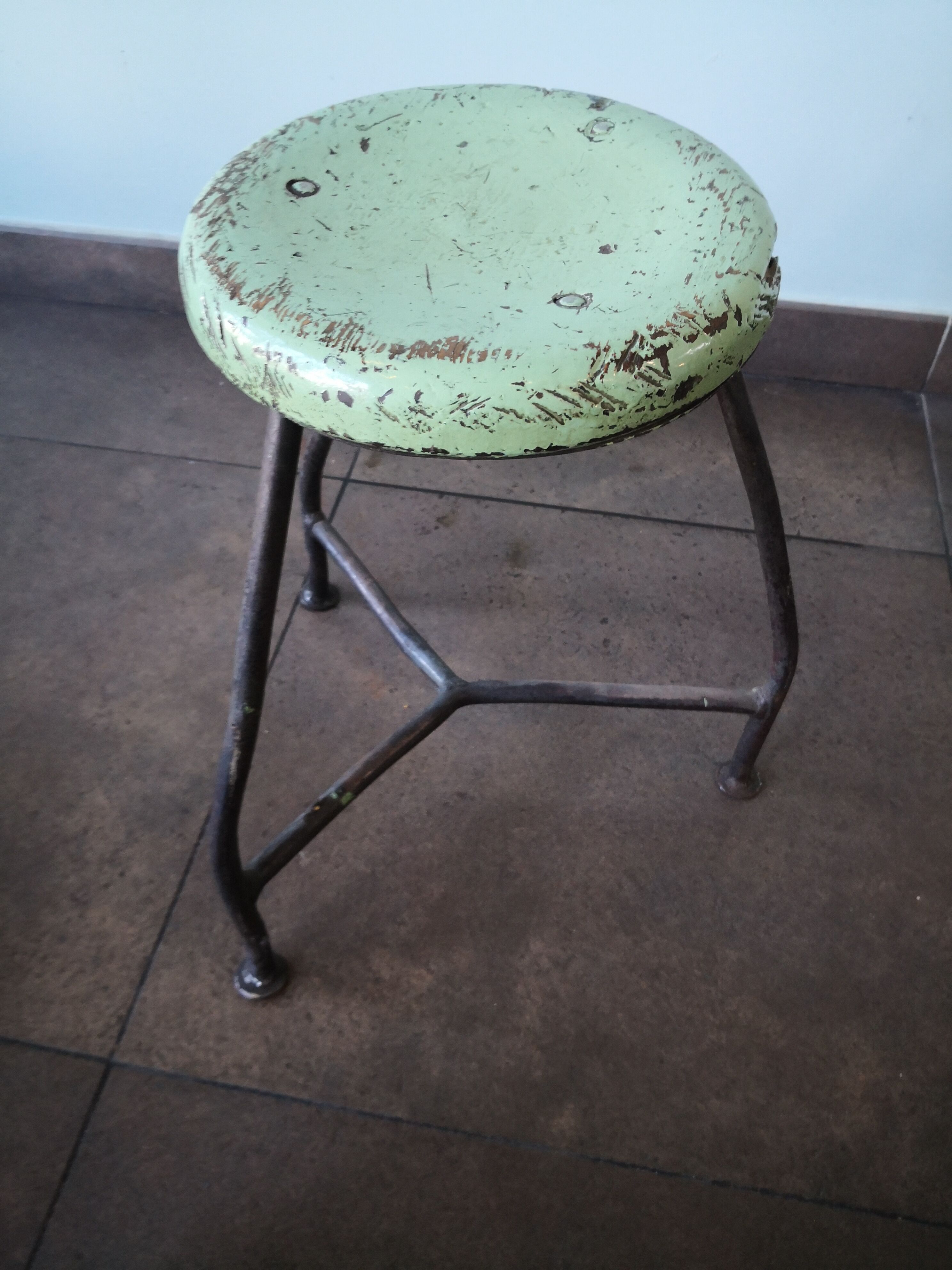 Vintage tripod stool, industrial style wood and metal