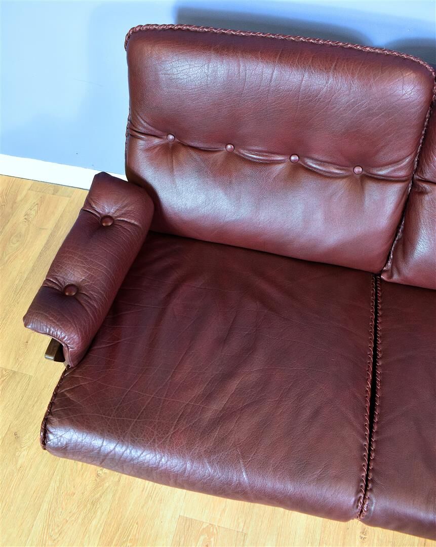 Mid Century Retro Swedish Burgundy Leather Arne Norell 3 Seat Sofa 70s