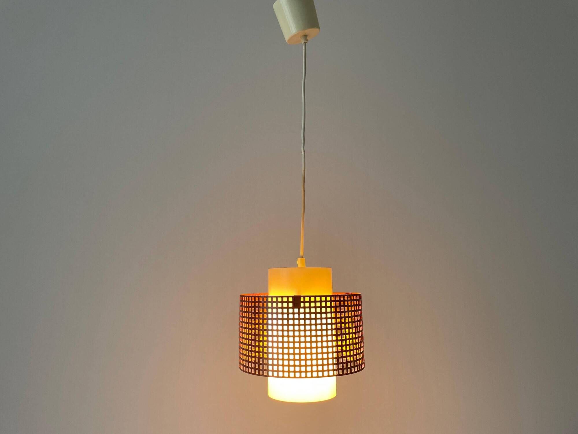 Suspended lamp in pink metal and plexiglass, Danish design, 1960s, Denmark.