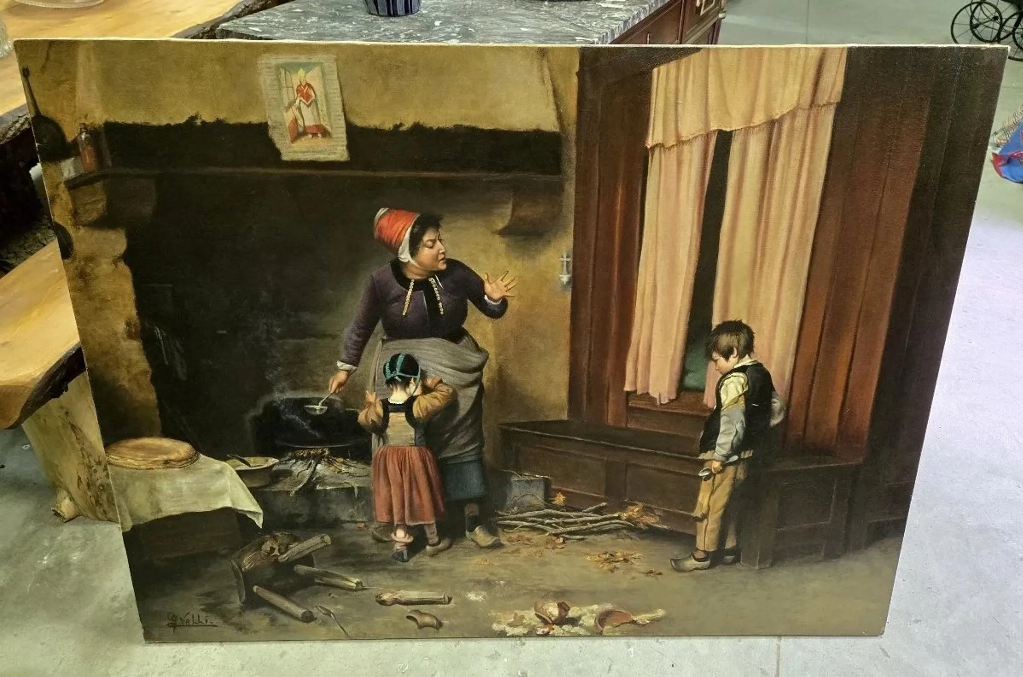 Very large oil on canvas – “La Remontrance” – Signed Valli - 20th century
