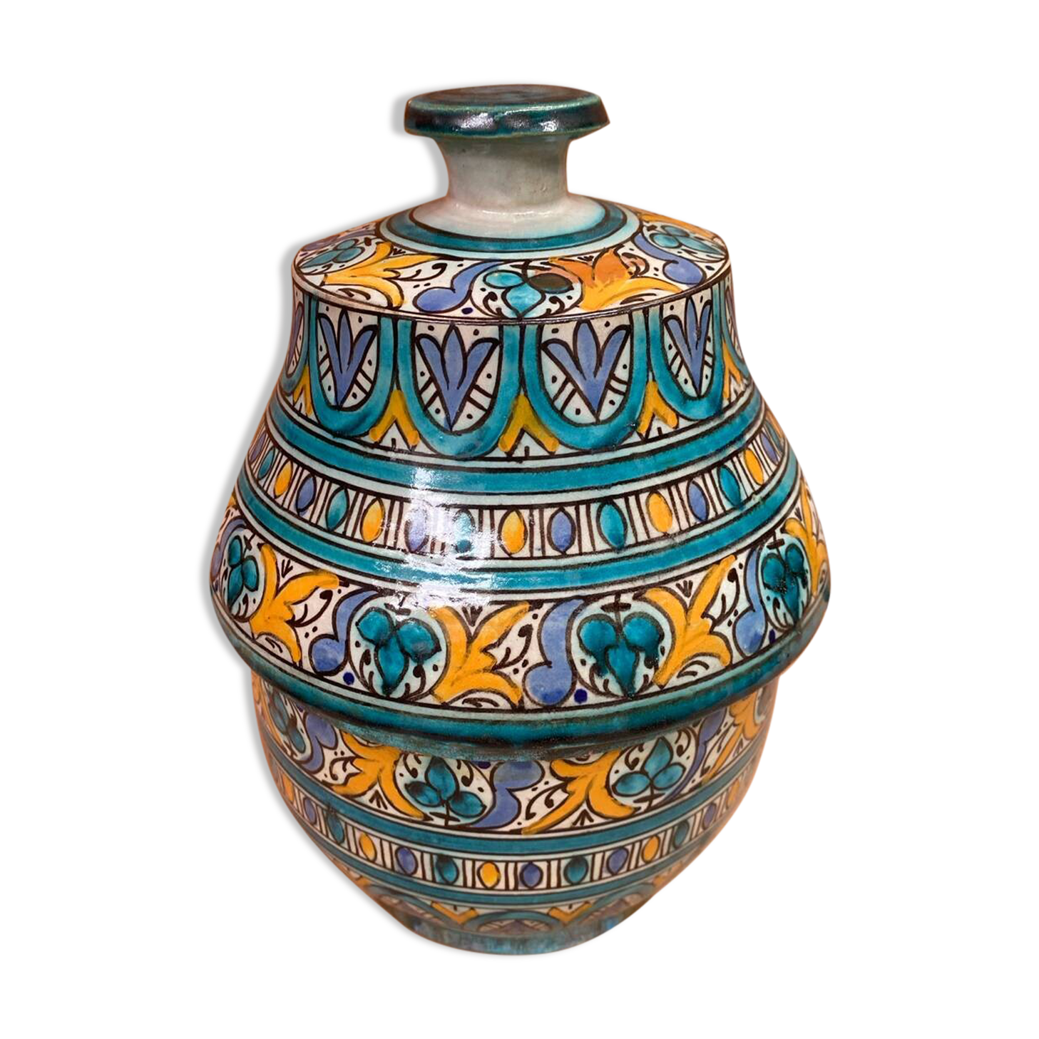Old Jobbana Butter Jar Morocco Polychrome Earthenware 19th Century Vintage #B083