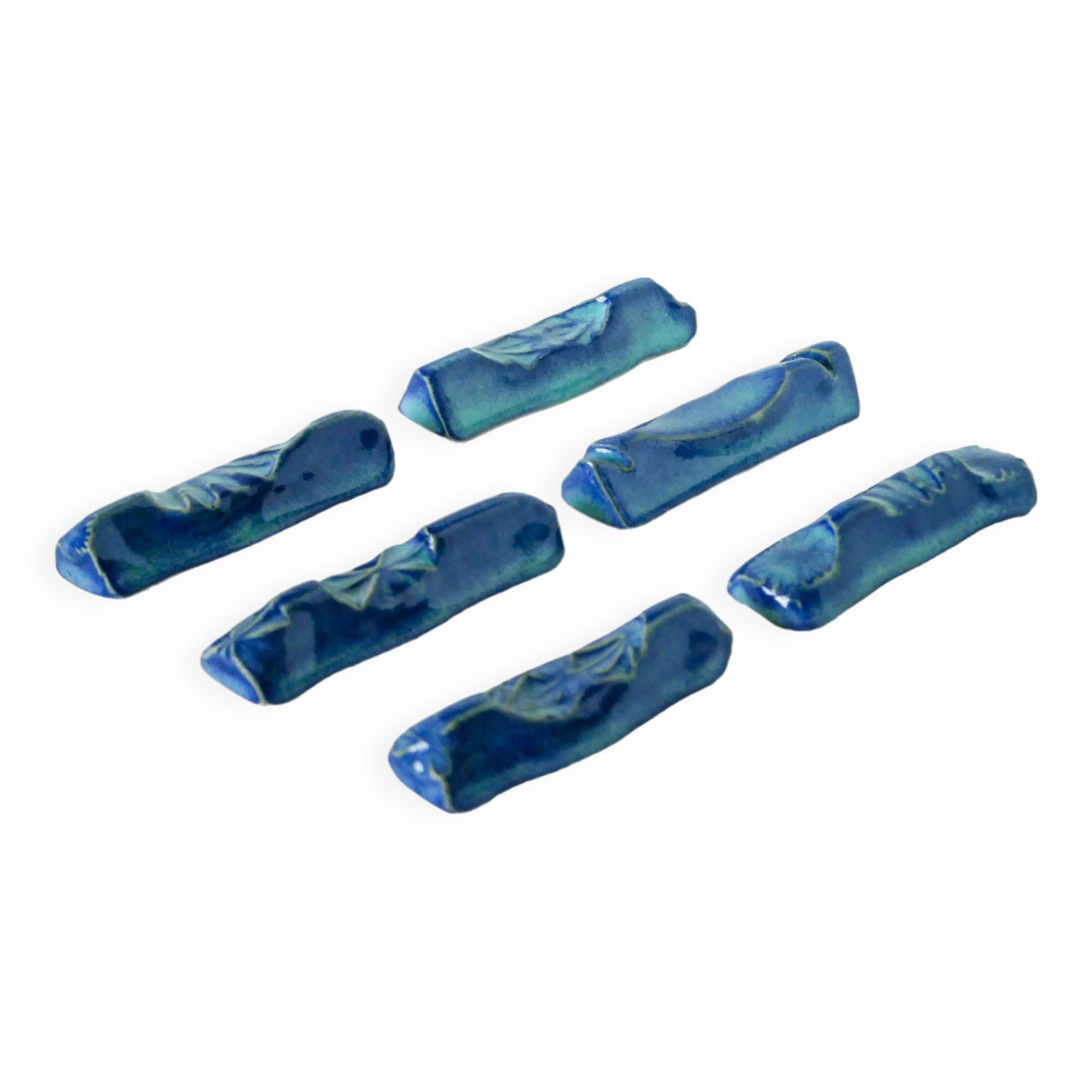 Set of 6 ceramic knife holders, handcrafted, Blue, 1970