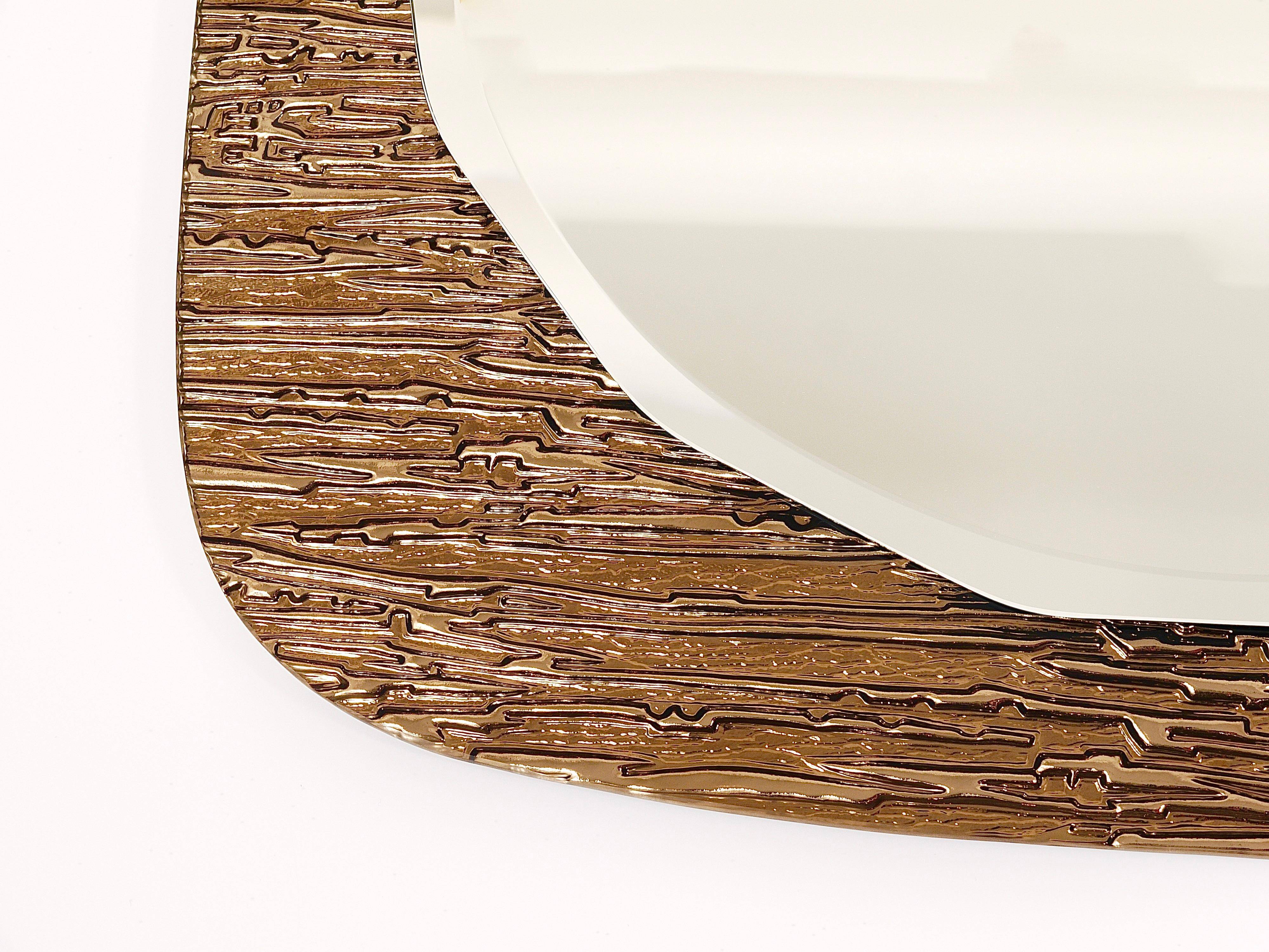 Crystal Art Sculpted Textured Wall Mirror Gold Bronze Mid-Century, Italy, 1960s