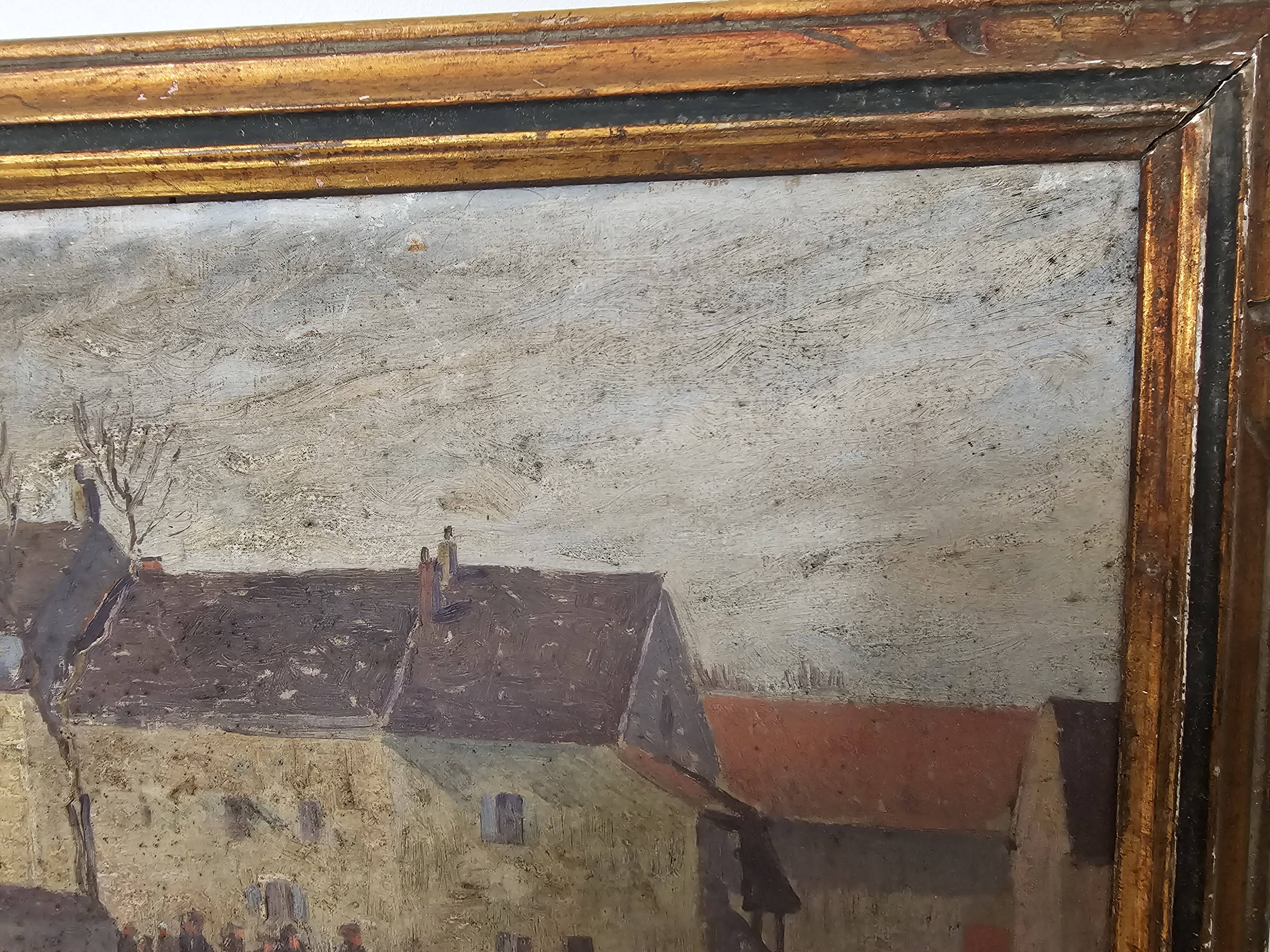 Oil on Panel Painting Animated Landscape Village Signed Gaëtan MONTAGNEY 1888