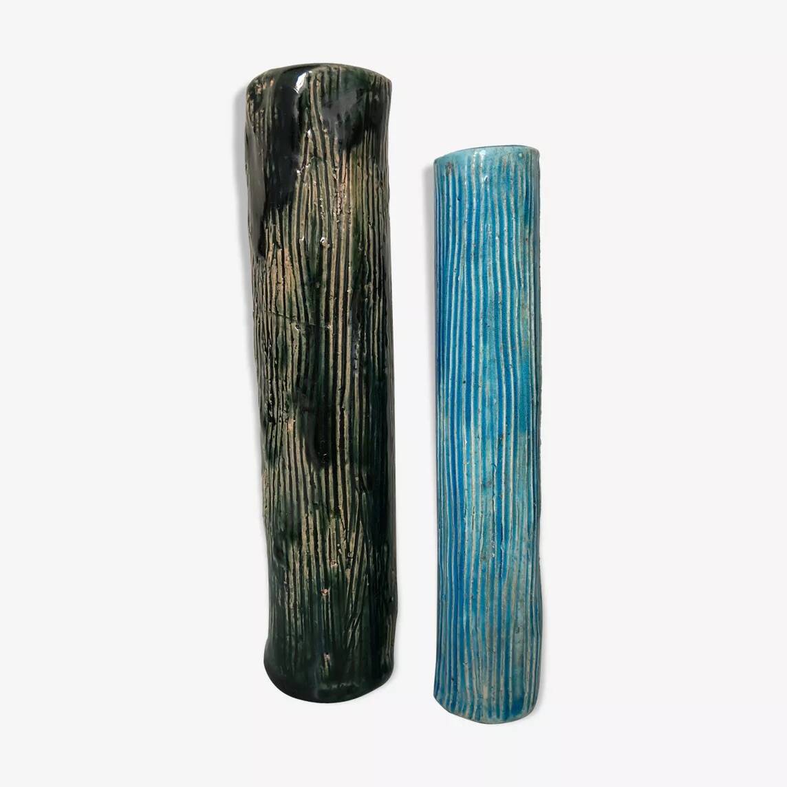 Two enameled tubular vases