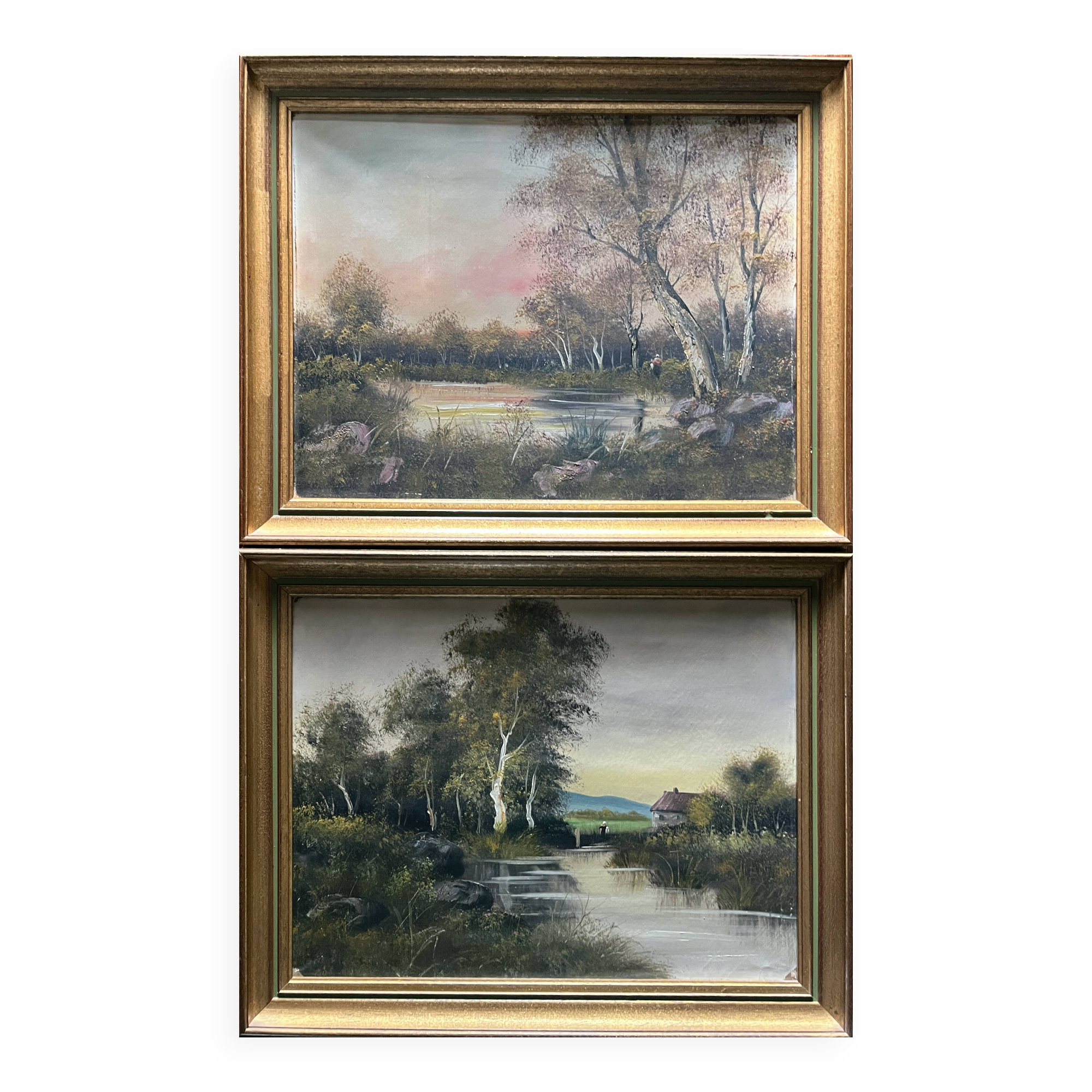 Pendant of 2xhst painting (19th/20th century) barbizon era "animated landscape"
