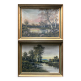 Pendant of 2xhst painting (19th/20th century) barbizon era "animated landscape"