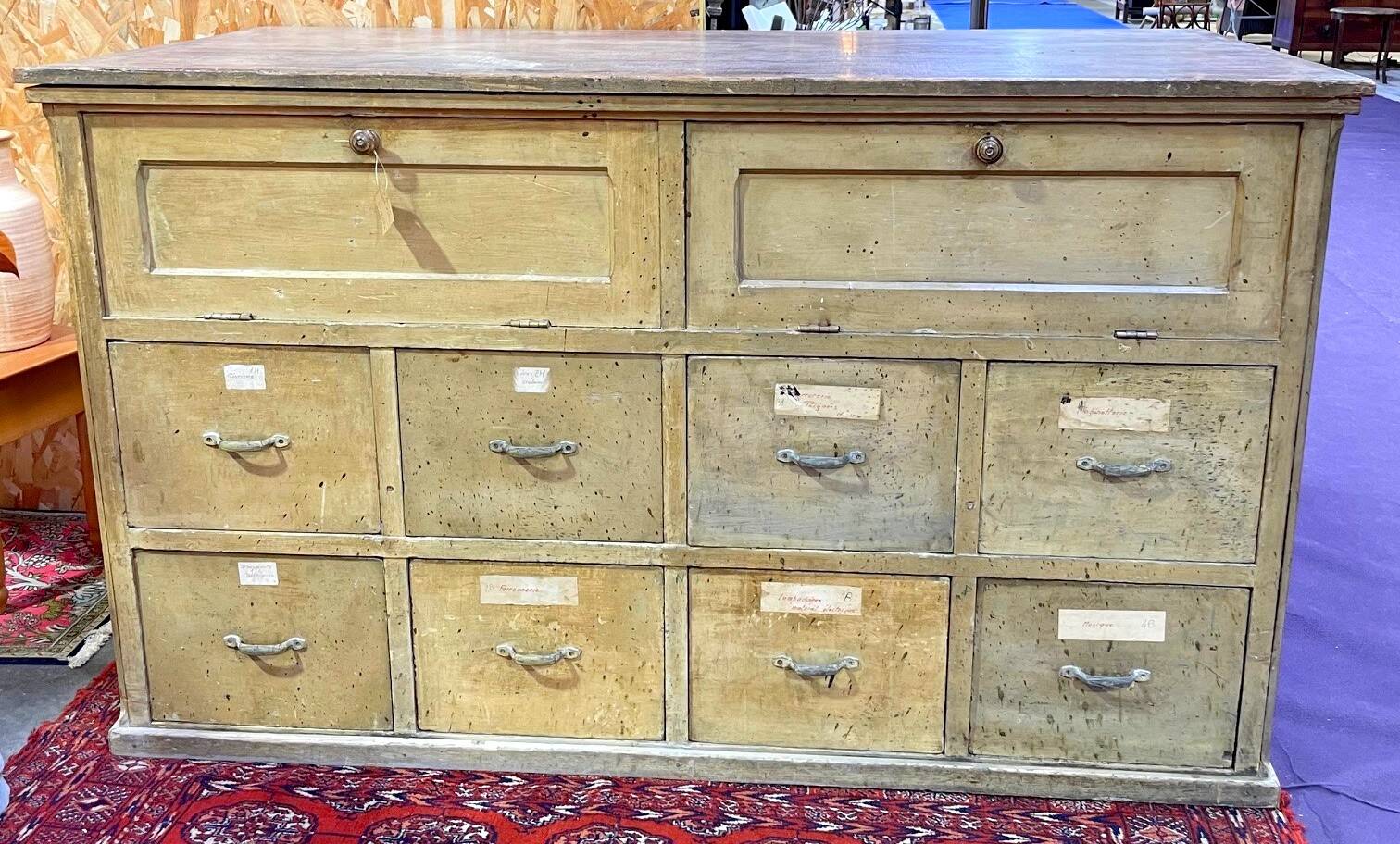Old workshop furniture in good condition. 8 drawers and 2 drop-down doors, very