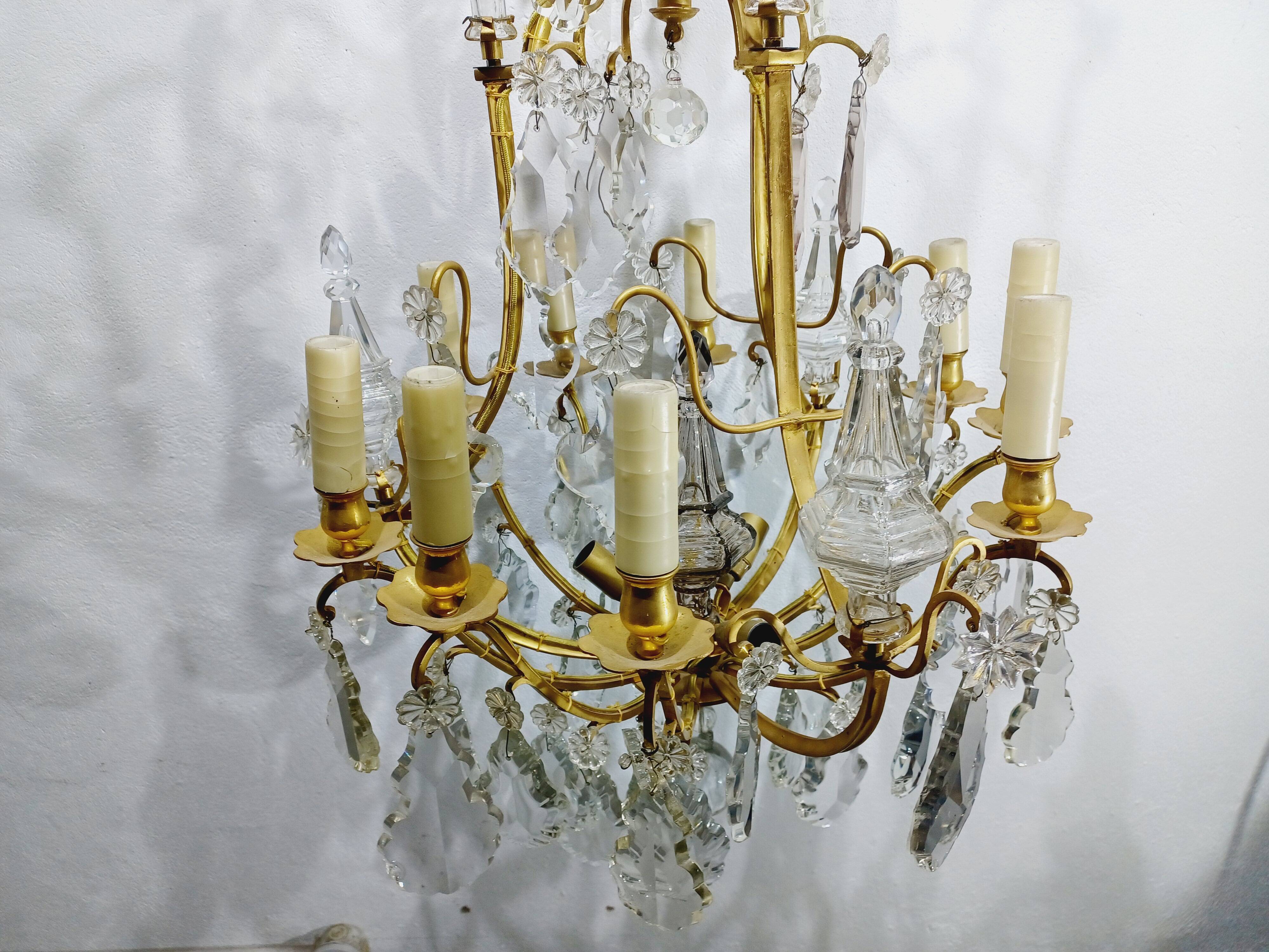 12-light bronze and crystal cage chandelier
